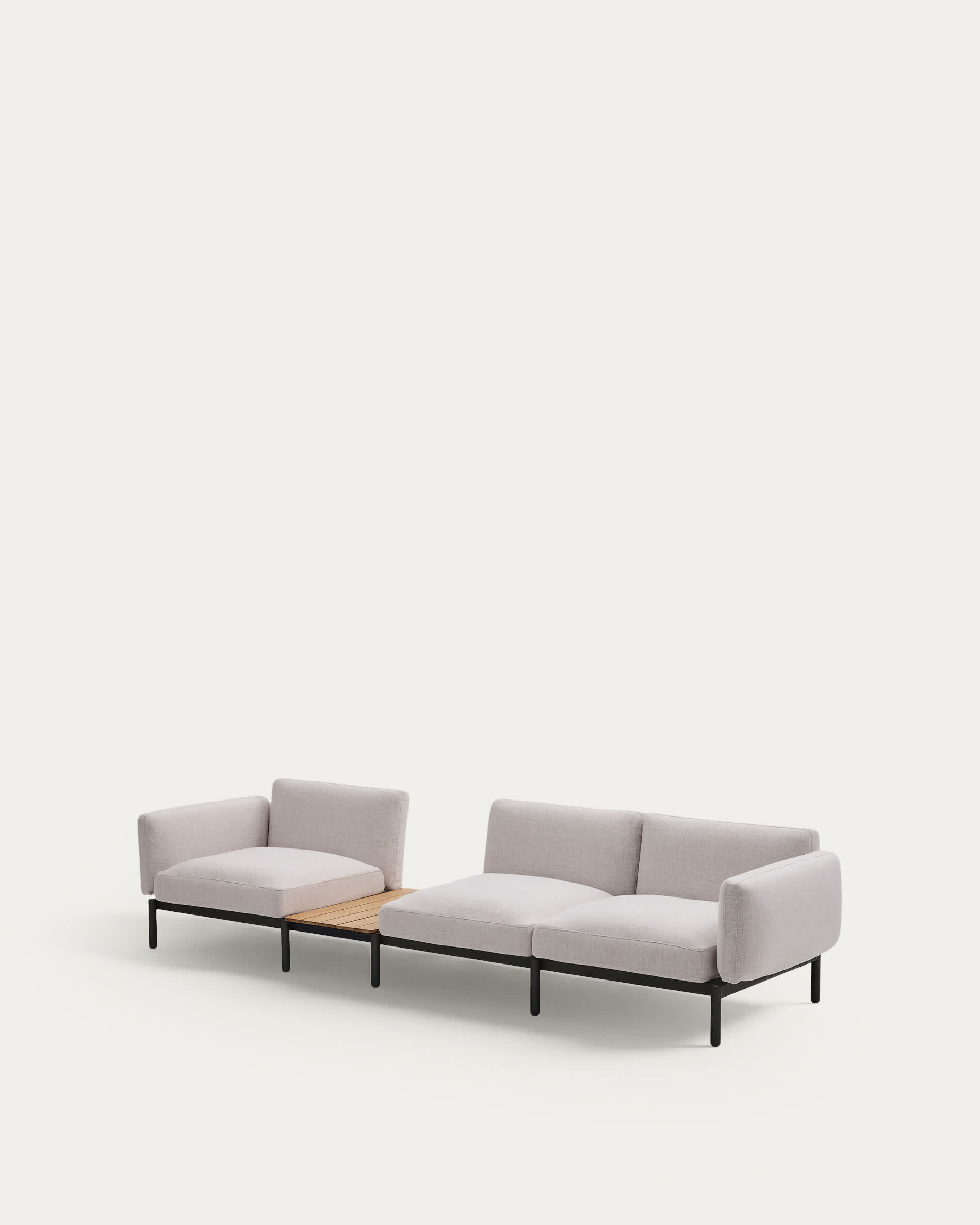 Sorells outdoor modular 3-seater sofa with beige upholstery and grey aluminium with teak table 341 x 113cm FSC 100%