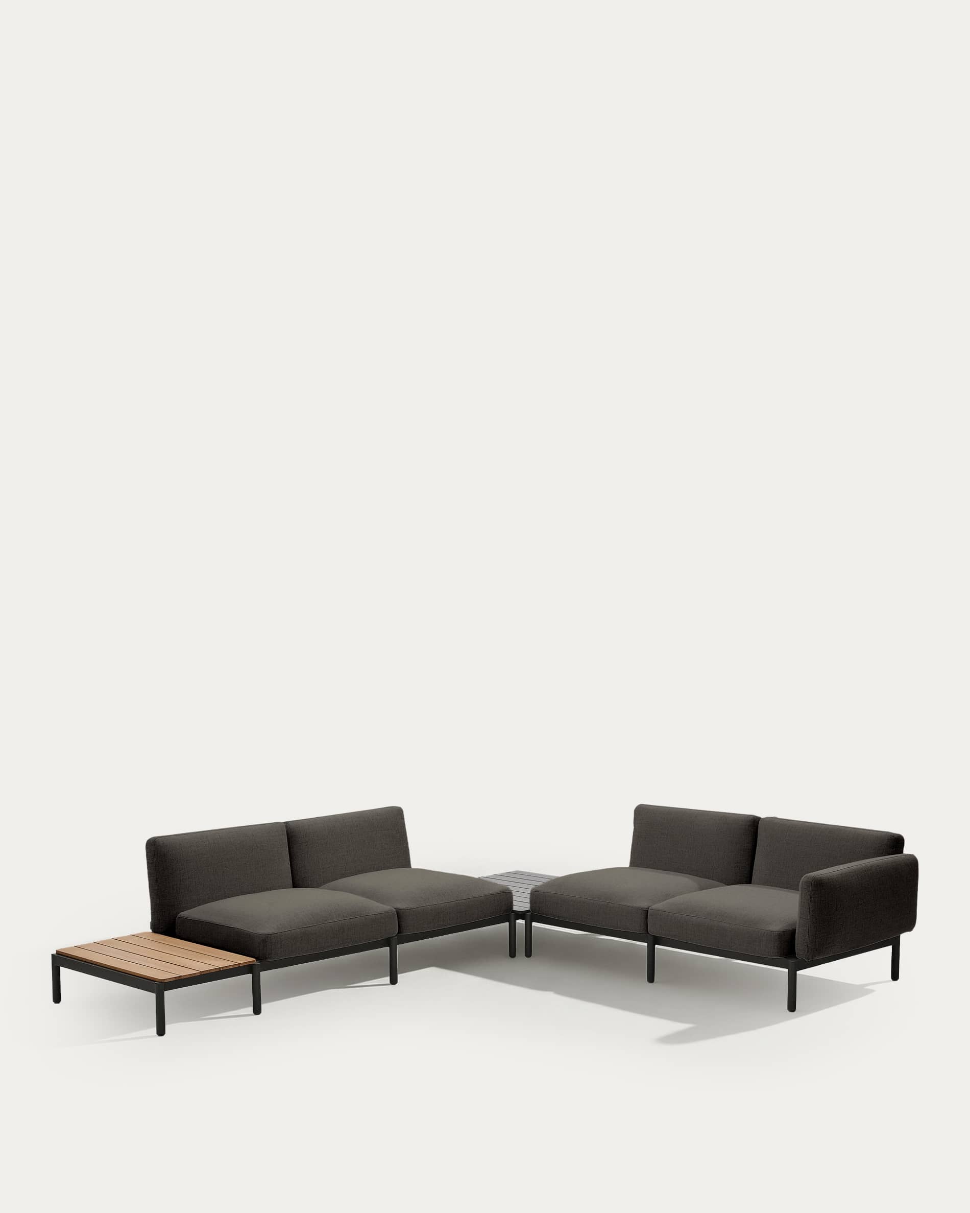 Sorells outdoor modular 4-seater corner sofa with grey upholstery and grey aluminium with teak table 353 x 316.5cm FSC 100%