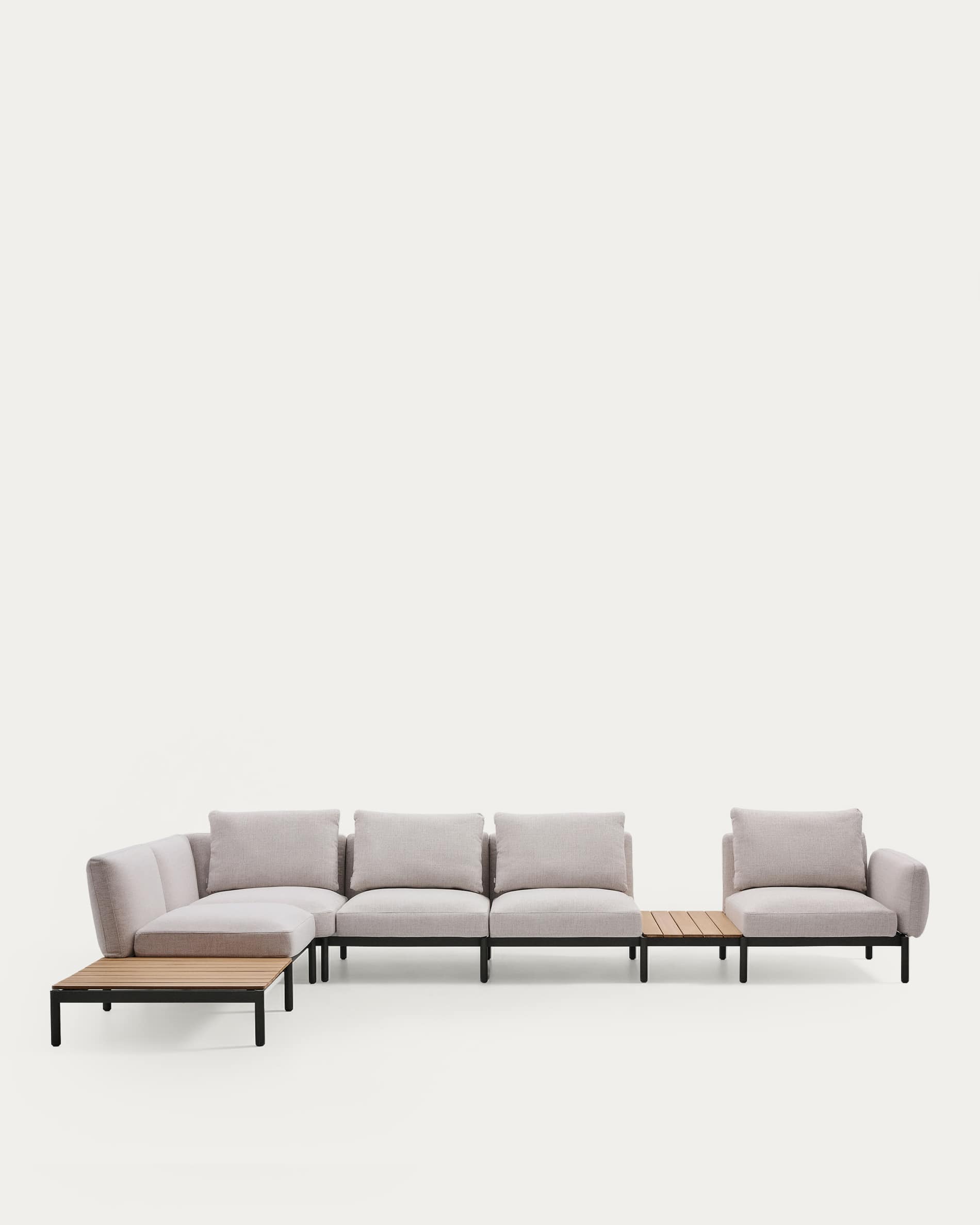 Sorells outdoor modular 5-seater corner sofa with beige upholstery and grey aluminium with teak tables 277 x 446cm FSC 100%