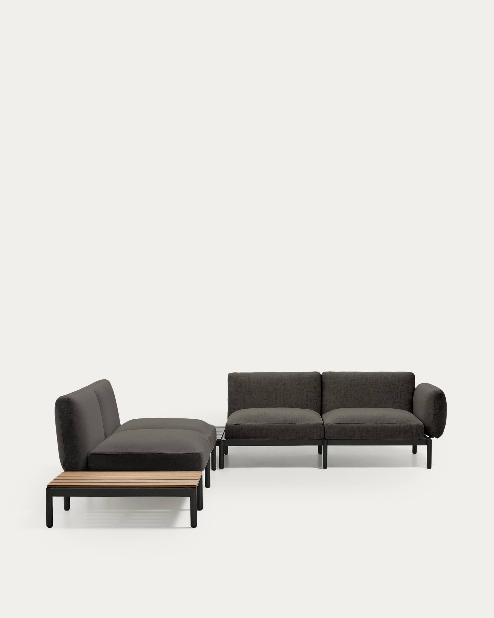 Sorells outdoor modular 4-seater corner sofa with grey upholstery and grey aluminium with teak table 353 x 316.5cm FSC 100%