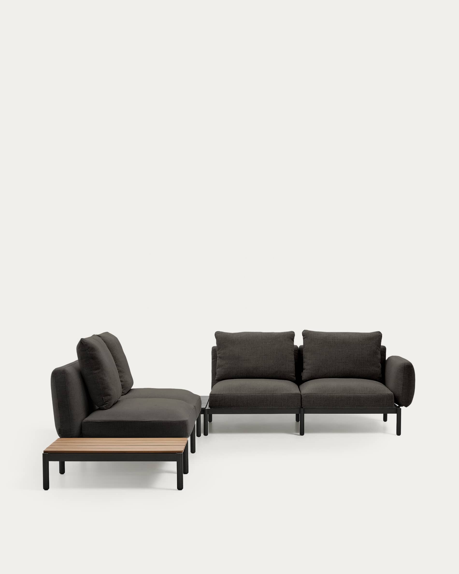 Sorells outdoor modular 4-seater corner sofa with grey upholstery and grey aluminium with teak table 353 x 316.5cm FSC 100%