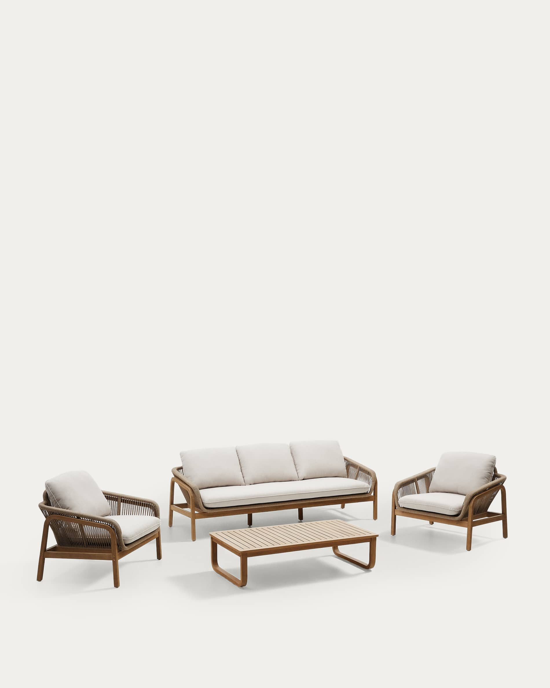 Kave Home - Set Vellana sofá 3 plazas, 2 sillones y mesa centro madera maciza acacia FSC 100% cuerda beige