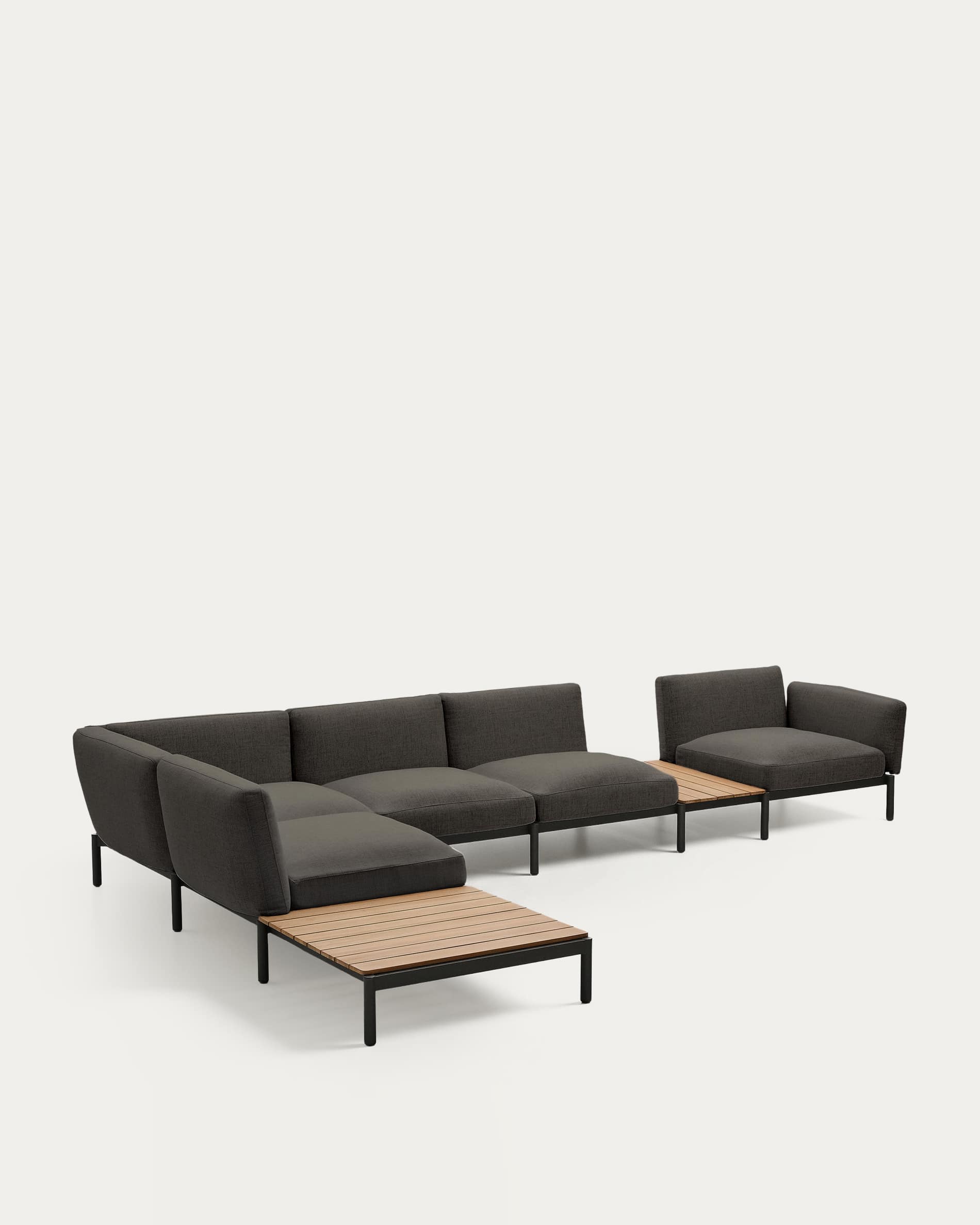 Sorells outdoor modular 5-seater corner sofa with grey upholstery and grey aluminium with teak tables 277 x 446cm FSC 100%