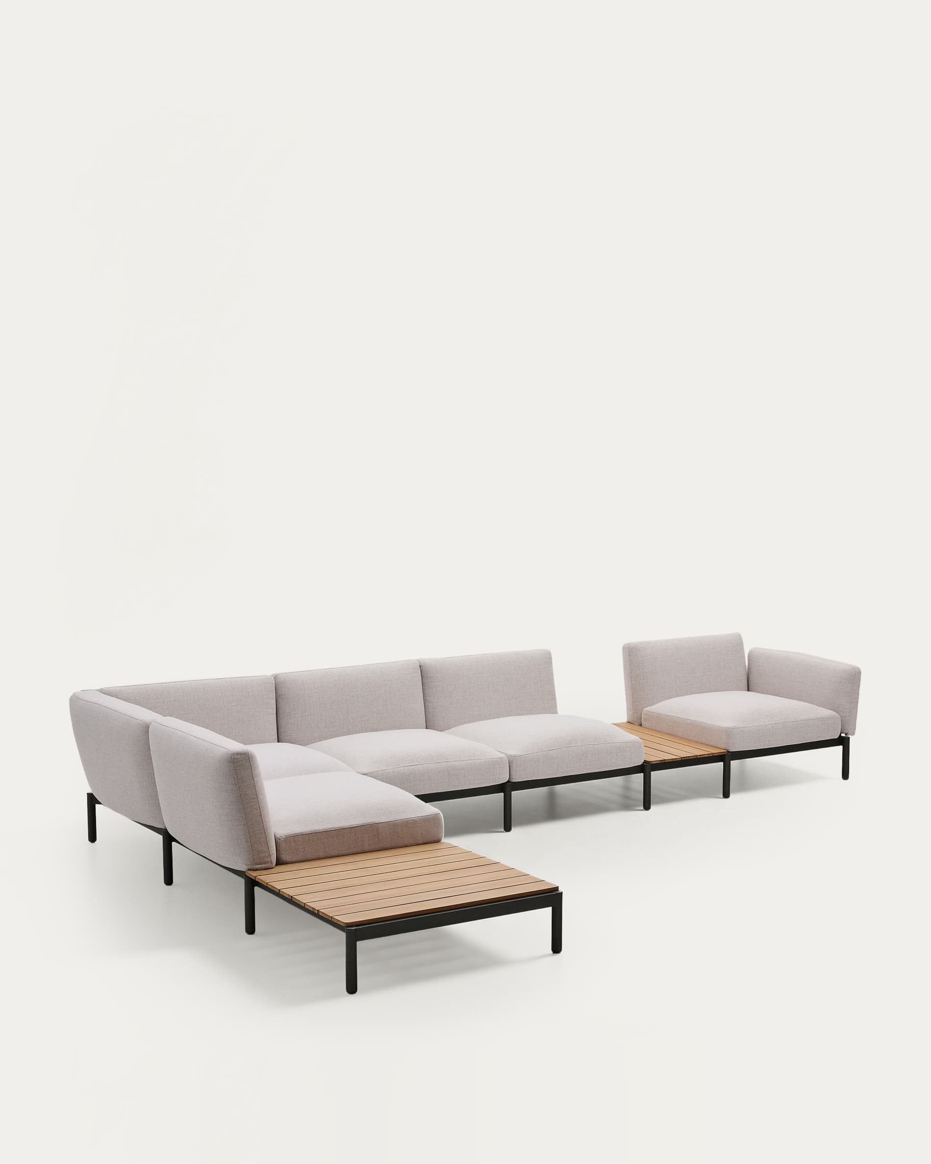 Sorells outdoor modular 5-seater corner sofa with beige upholstery and grey aluminium with teak tables 277 x 446cm FSC 100%