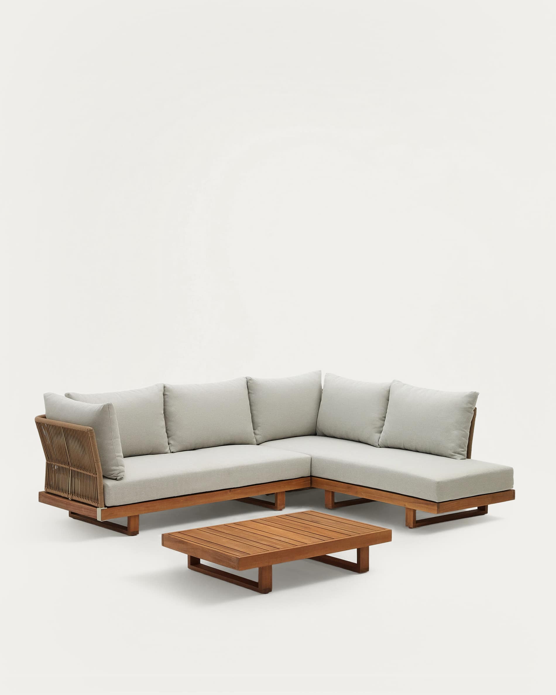 Raco 5 seater corner sofa and coffee table, made from solid acacia wood