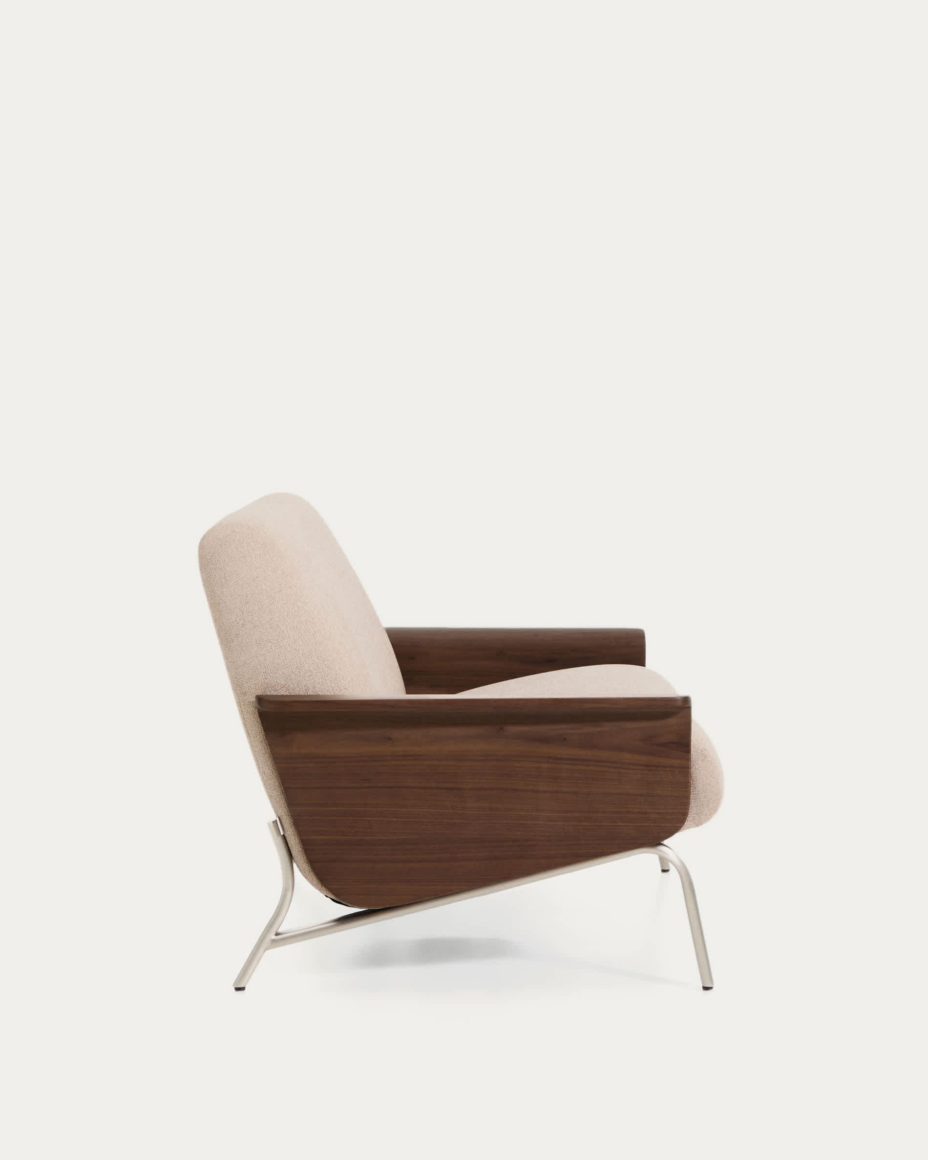 Amsen light brown 3-seater sofa in walnut plywood with brushed stainless steel legs 205cm