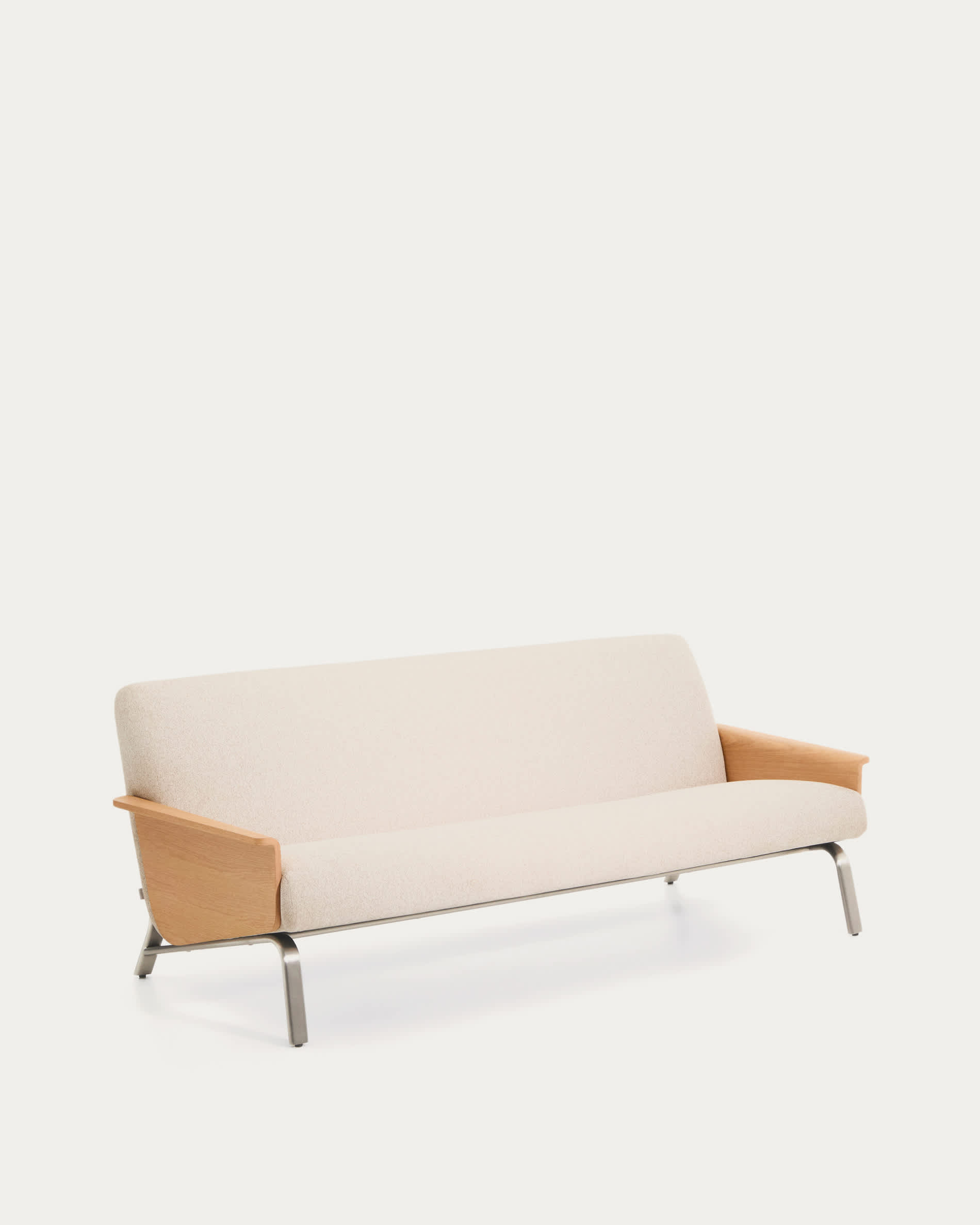 Amsen beige chenille 3-seater sofa in oak plywood with brushed stainless steel legs 205cm