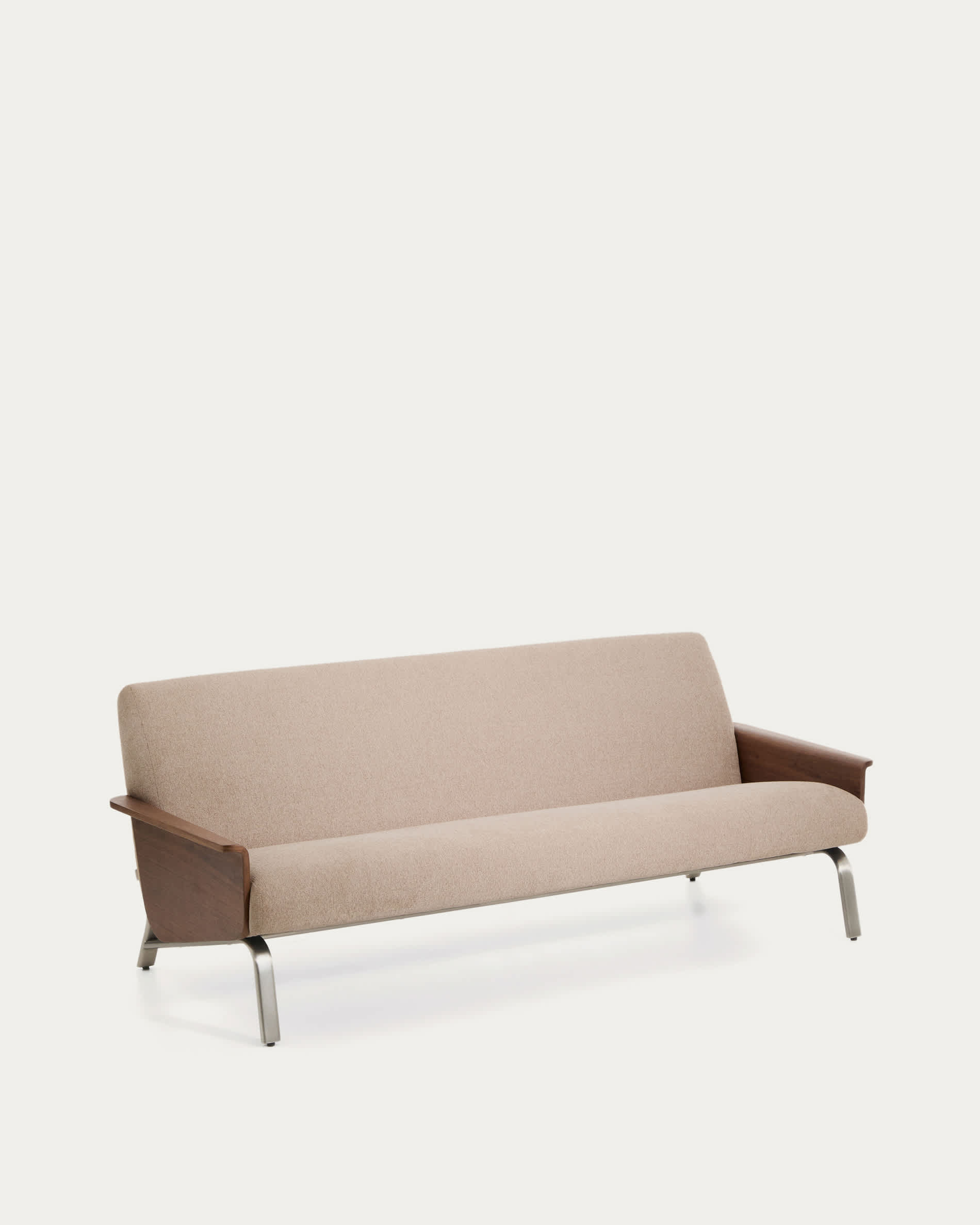 Amsen light brown 3-seater sofa in walnut plywood with brushed stainless steel legs 205cm