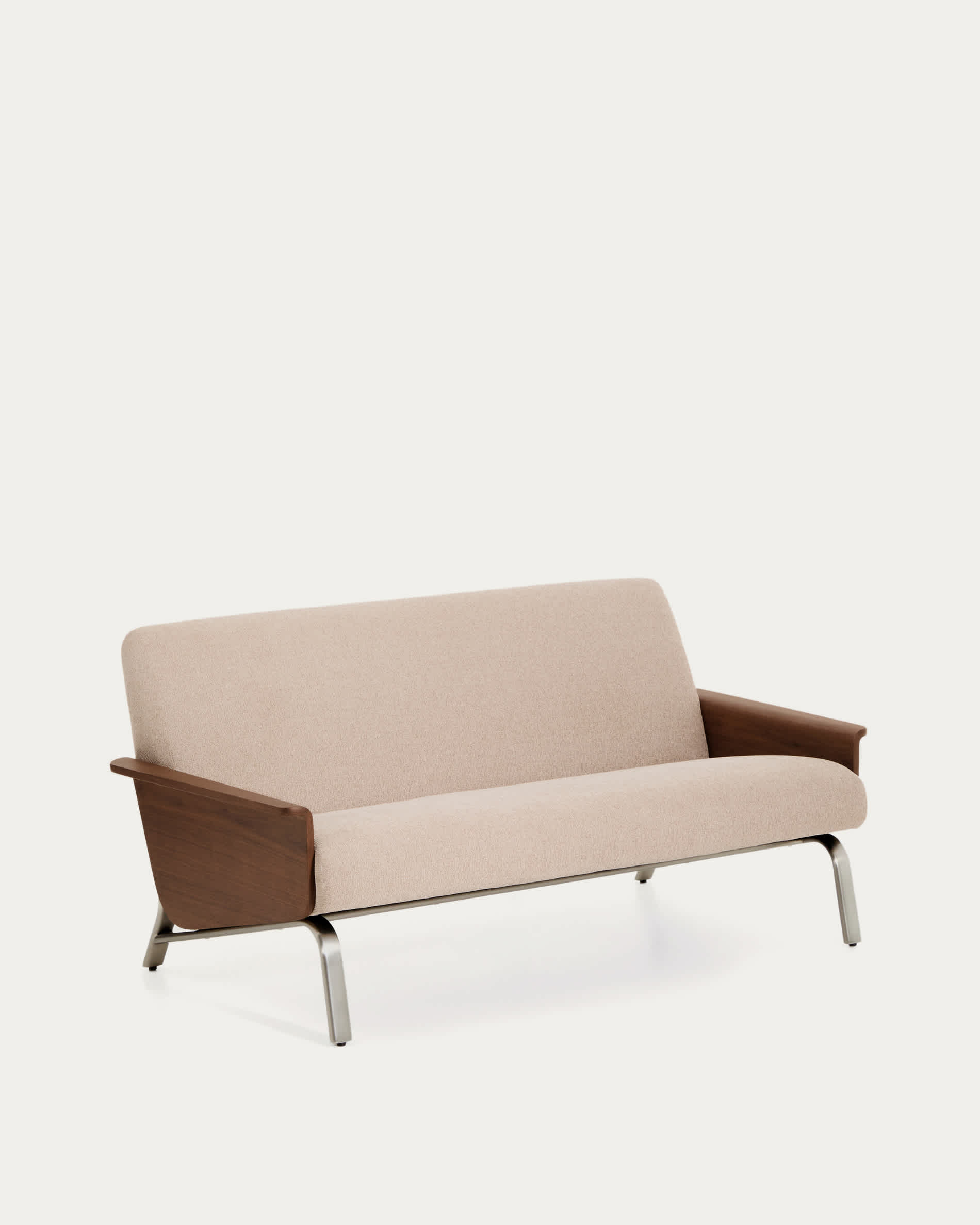 Amsen light brown 2-seater sofa in walnut plywood with brushed stainless steel legs 165cm