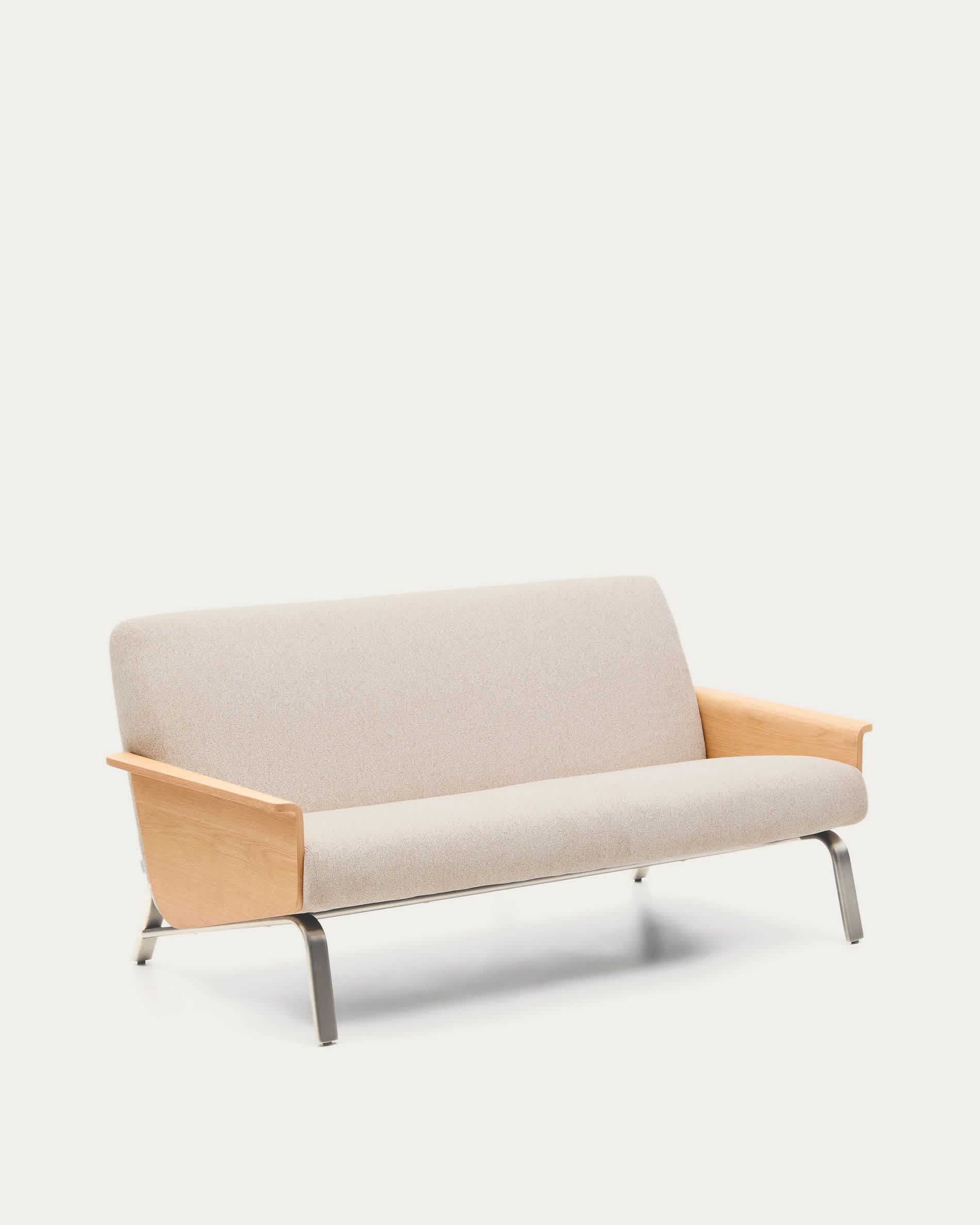 Amsen beige 2-seater sofa in oak plywood with brushed stainless steel legs 165cm