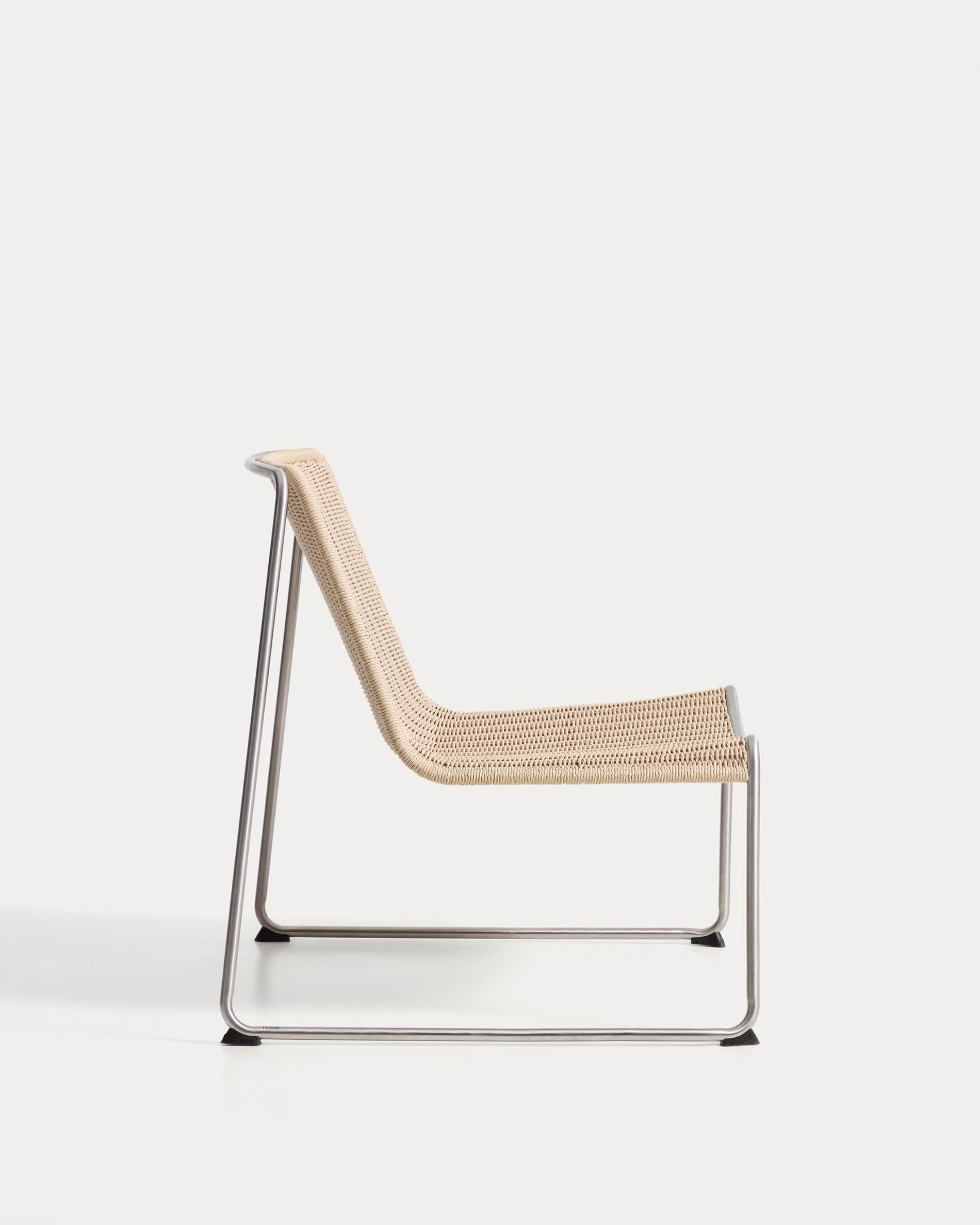 Tavari stackable armchair in beige synthetic rope cord and AISI 304 stainless steel with brushed finish