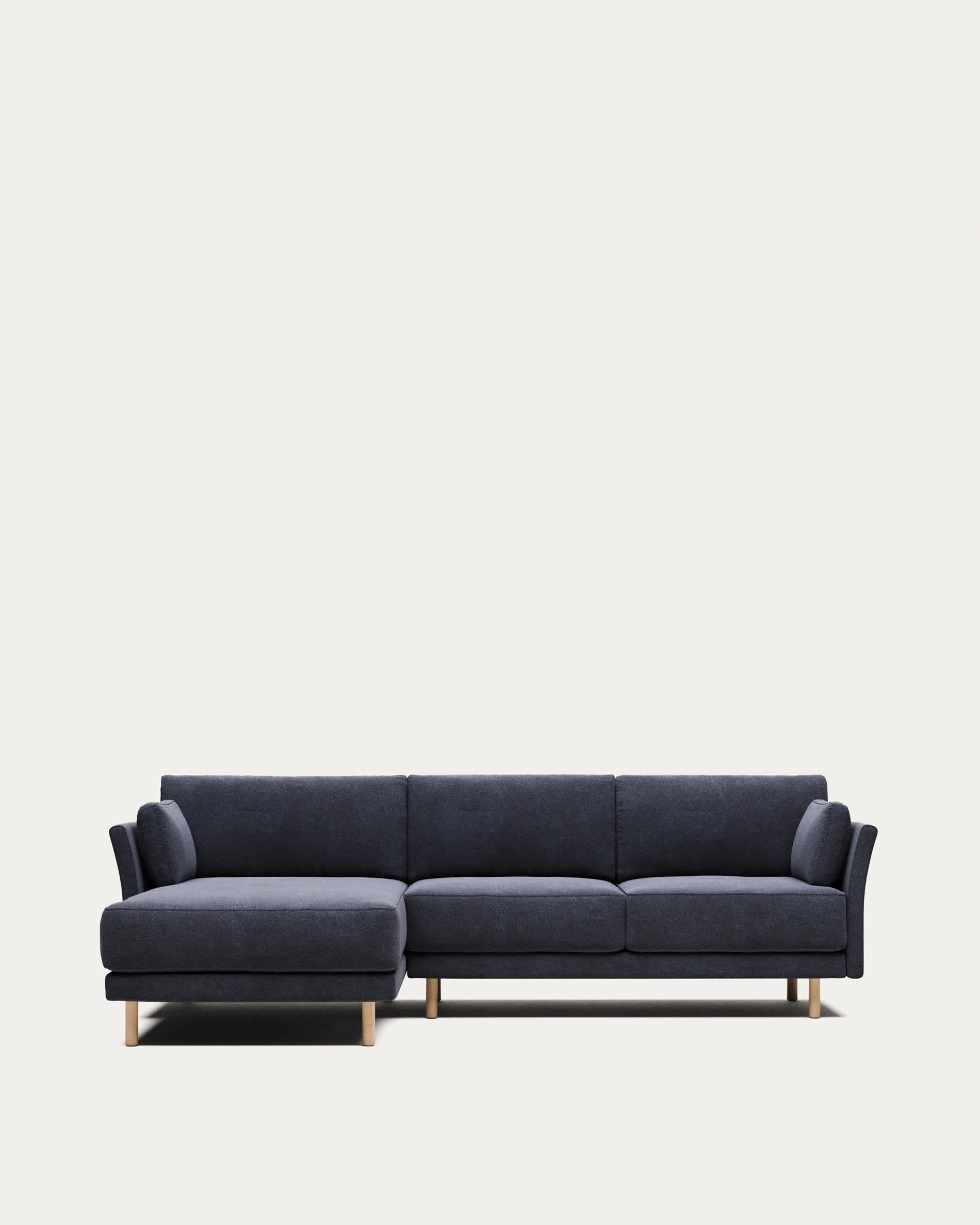 Gilma fire-retardant 3-seater sofa with right/left chaise longue in blue chenille with natural-finish legs 260cm