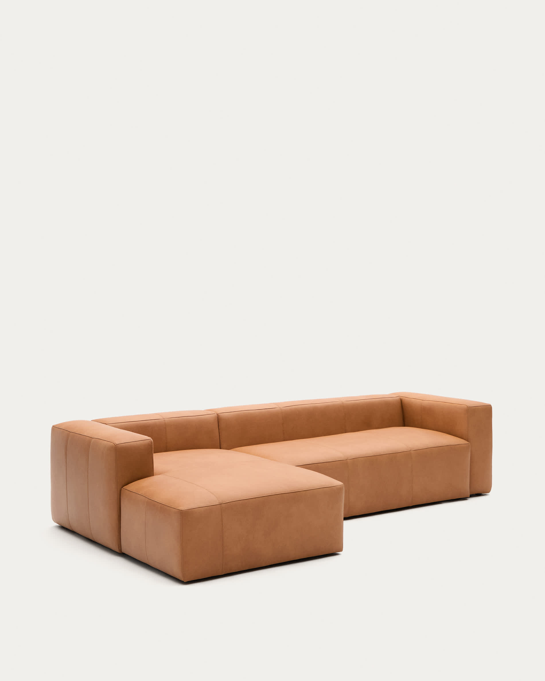 Blok brown leather 3-seater sofa, left chaise longue 300 cm