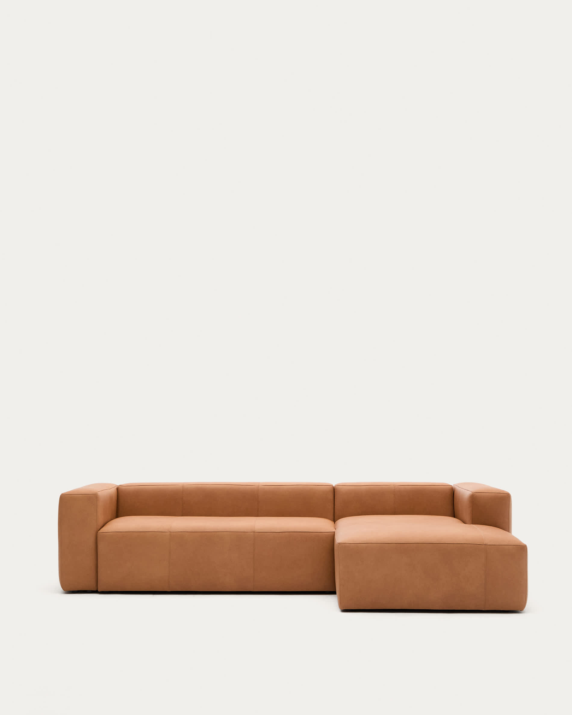 Blok brown leather 3-seater sofa, right chaise longue 300 cm