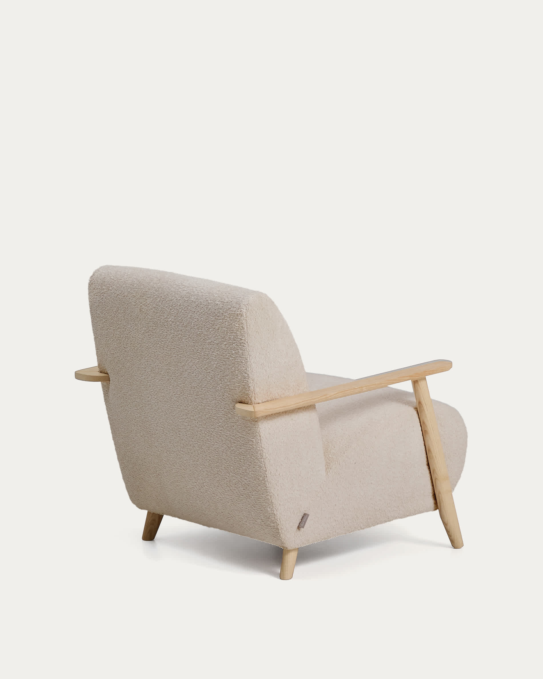 Meghan fire-retardant armchair in beige bouclé and solid ash wood with natural tone finish FSC Mix Credit