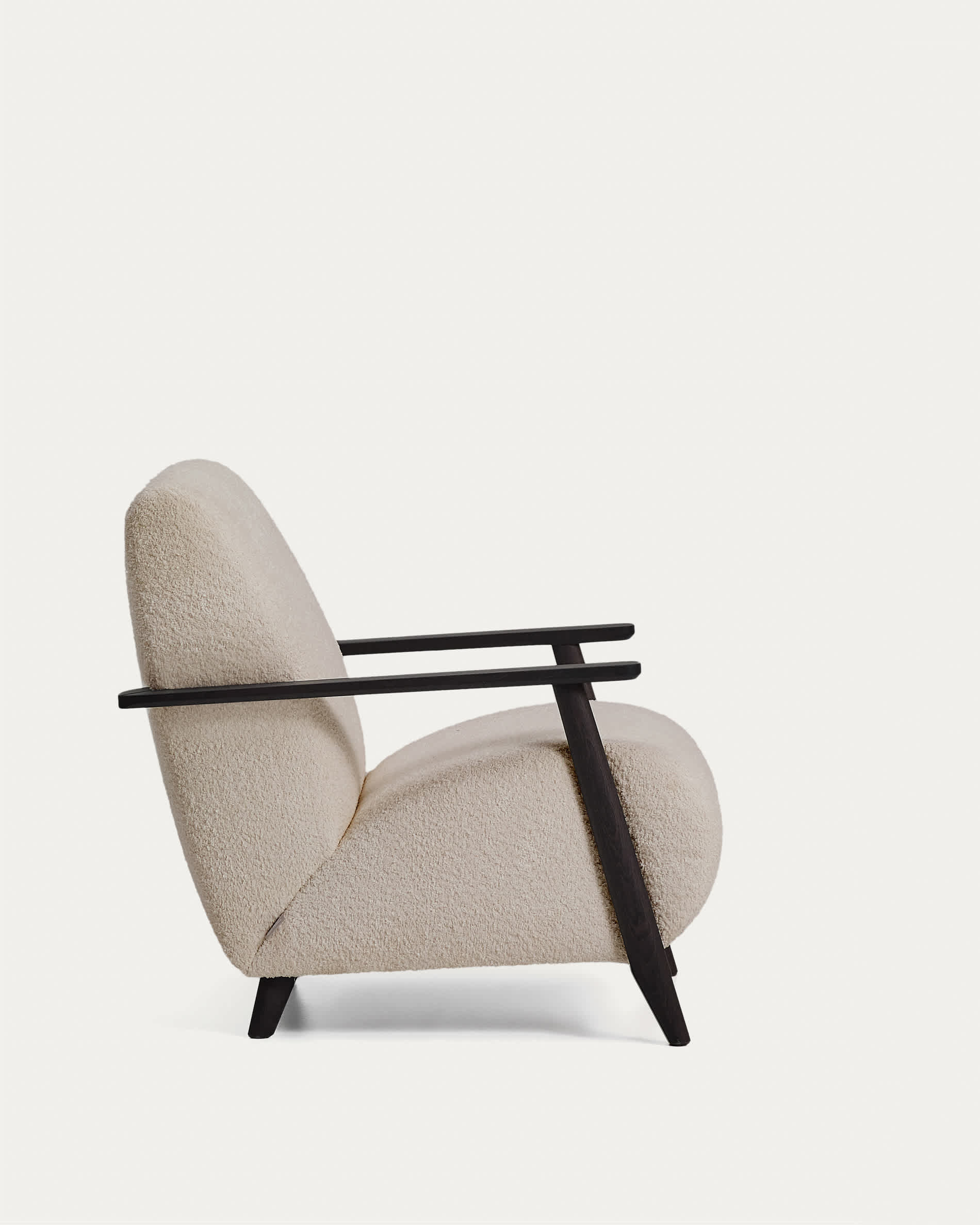 Meghan fire-retardant armchair in beige bouclé and solid ash wood with wenge-coloured finish FSC Mix Credit
