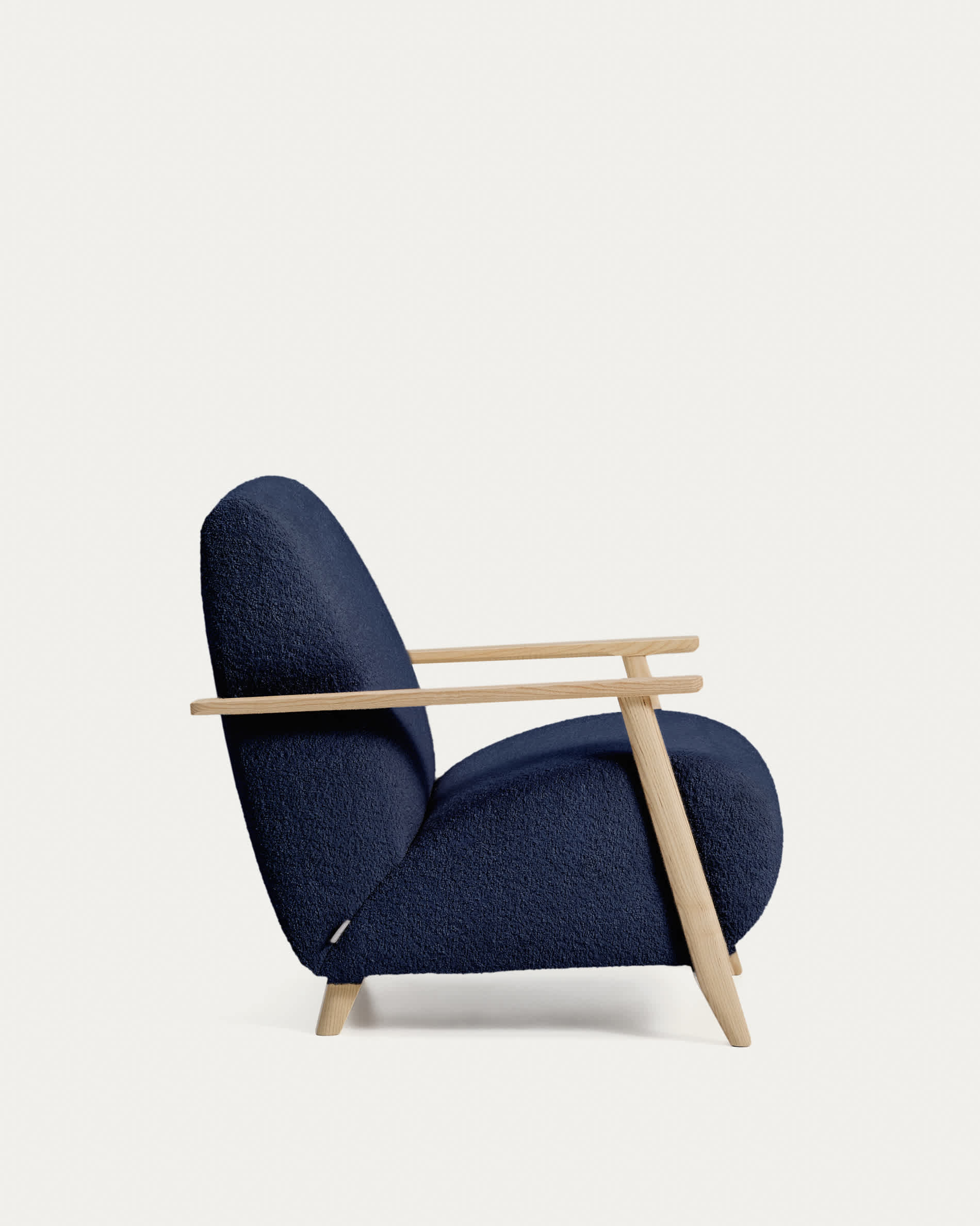 Meghan fire-retardant armchair in blue bouclé and solid ash wood with natural tone finish FSC Mix Credit