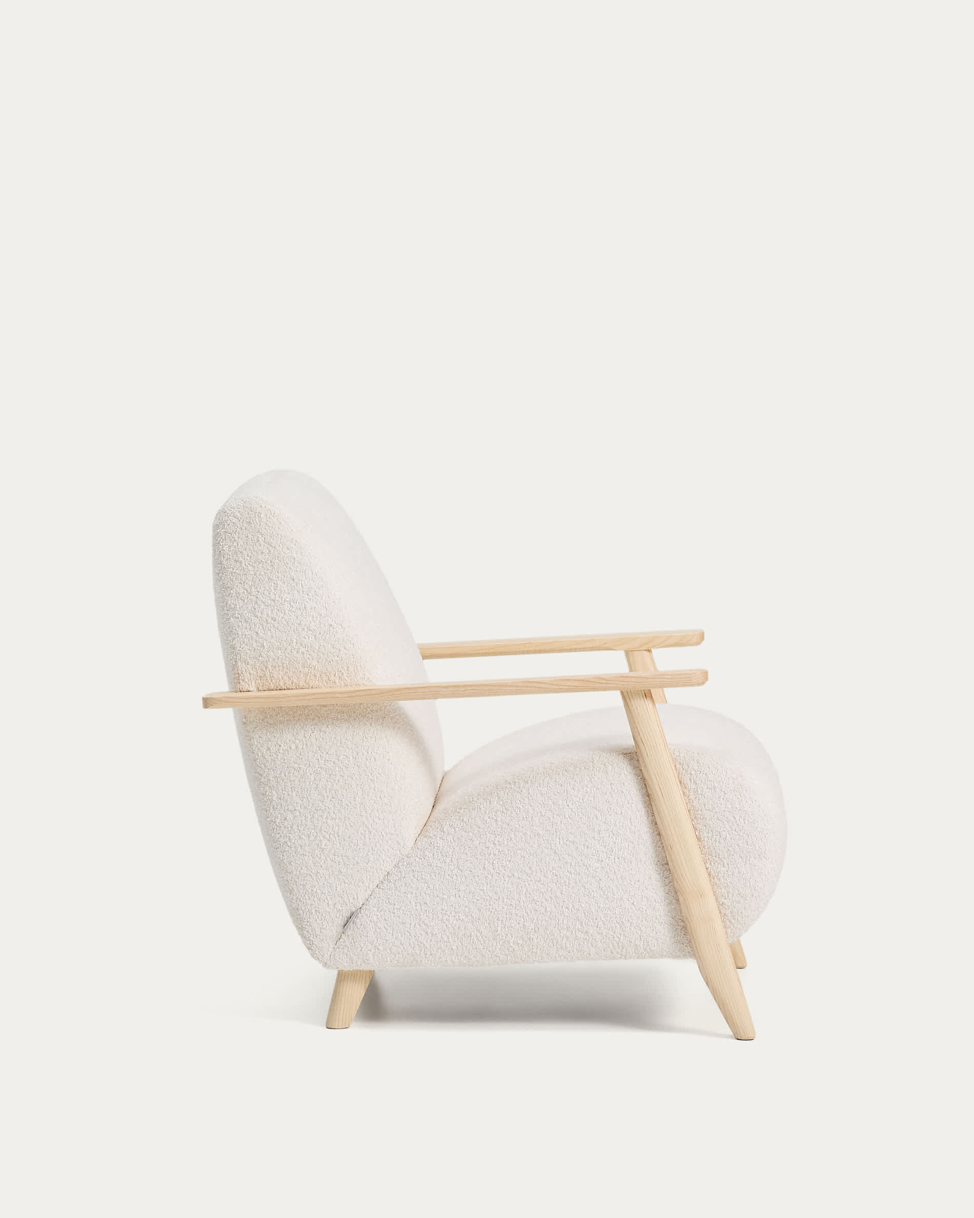 Meghan fire-retardant armchair in ecru bouclé and solid ash wood with natural tone finish FSC Mix Credit