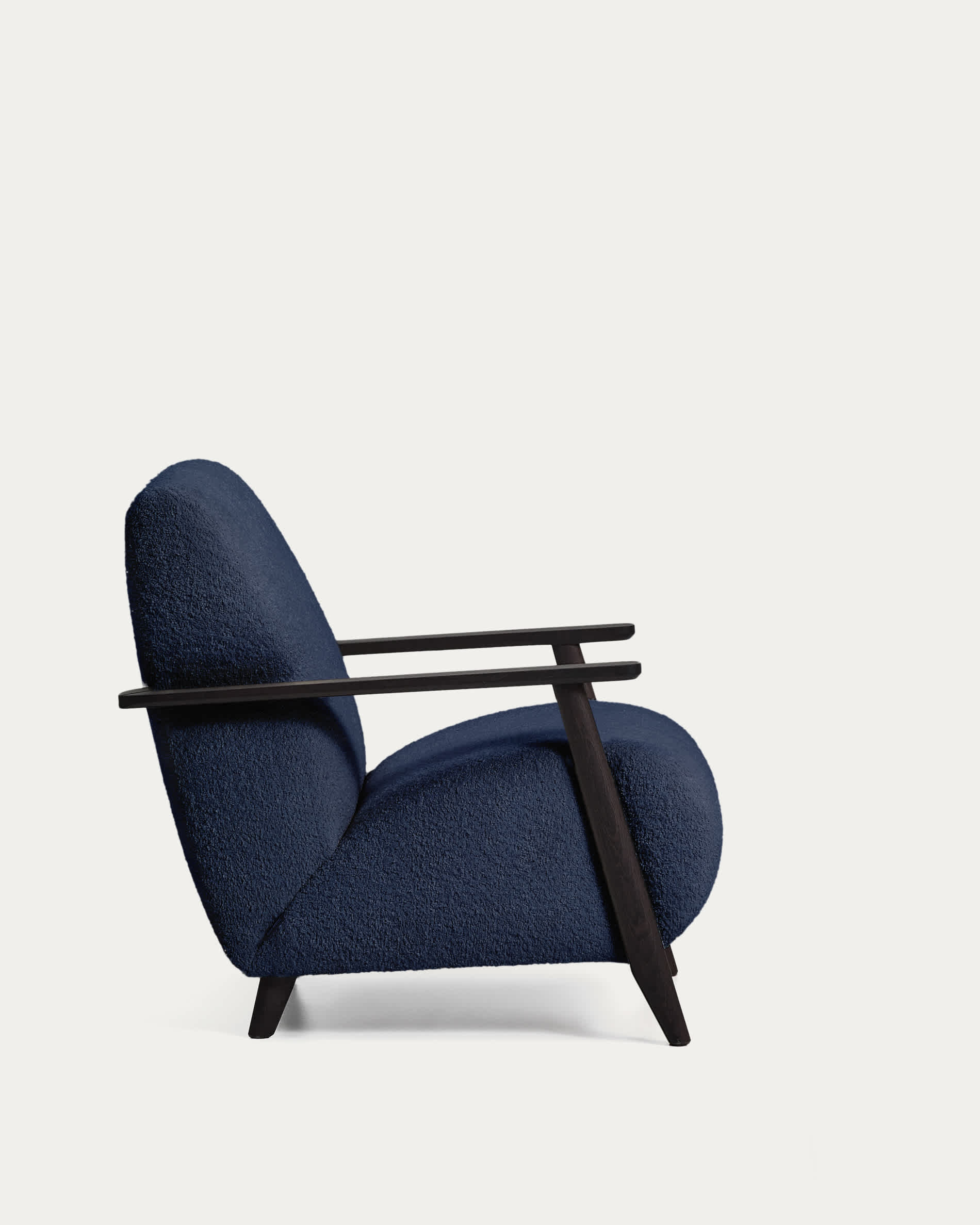 Meghan fire-retardant armchair in blue bouclé and solid ash wood with wenge-coloured finish FSC Mix Credit