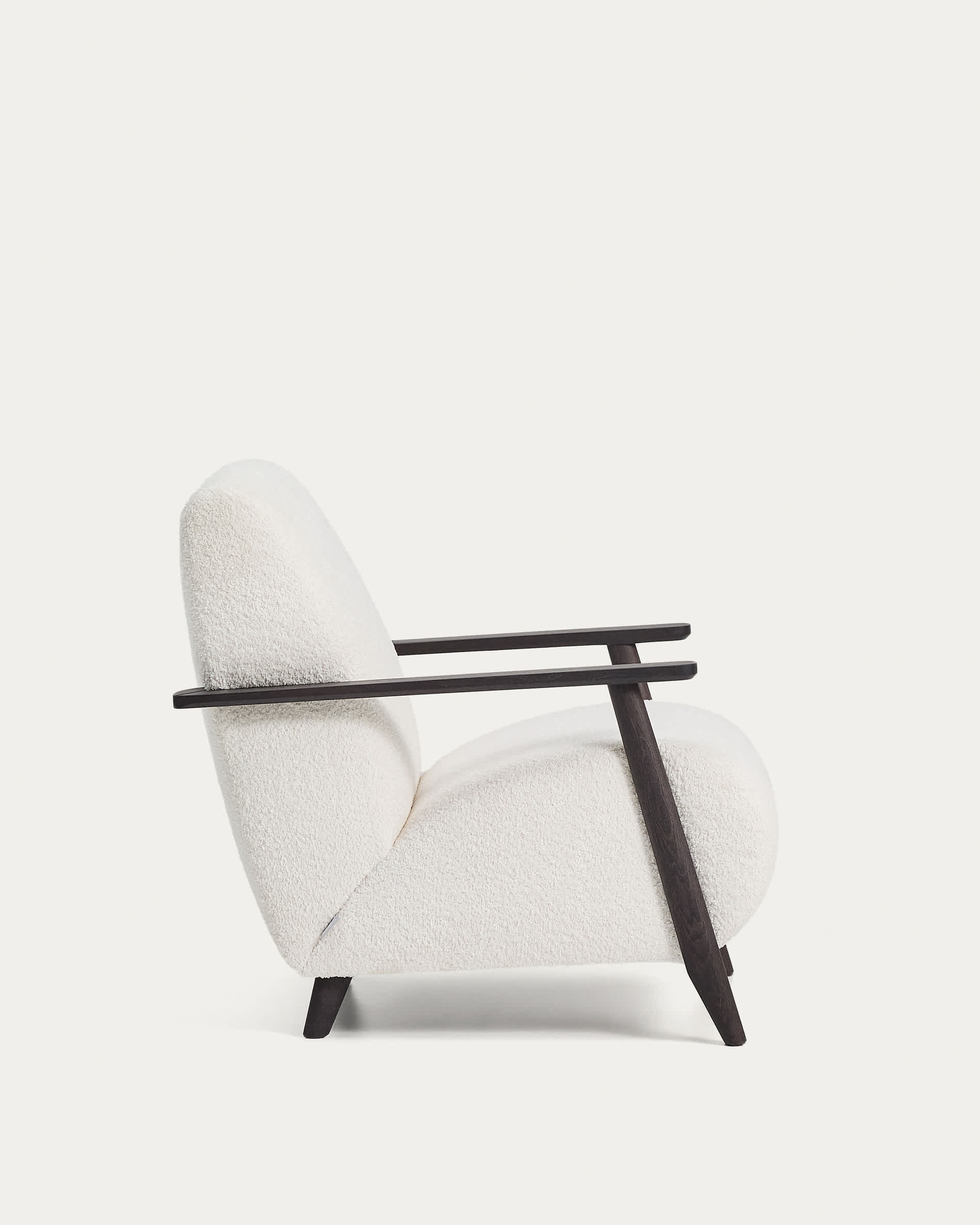 Meghan fire-retardant armchair in ecru bouclé and solid ash wood with wenge-coloured finish FSC Mix Credit