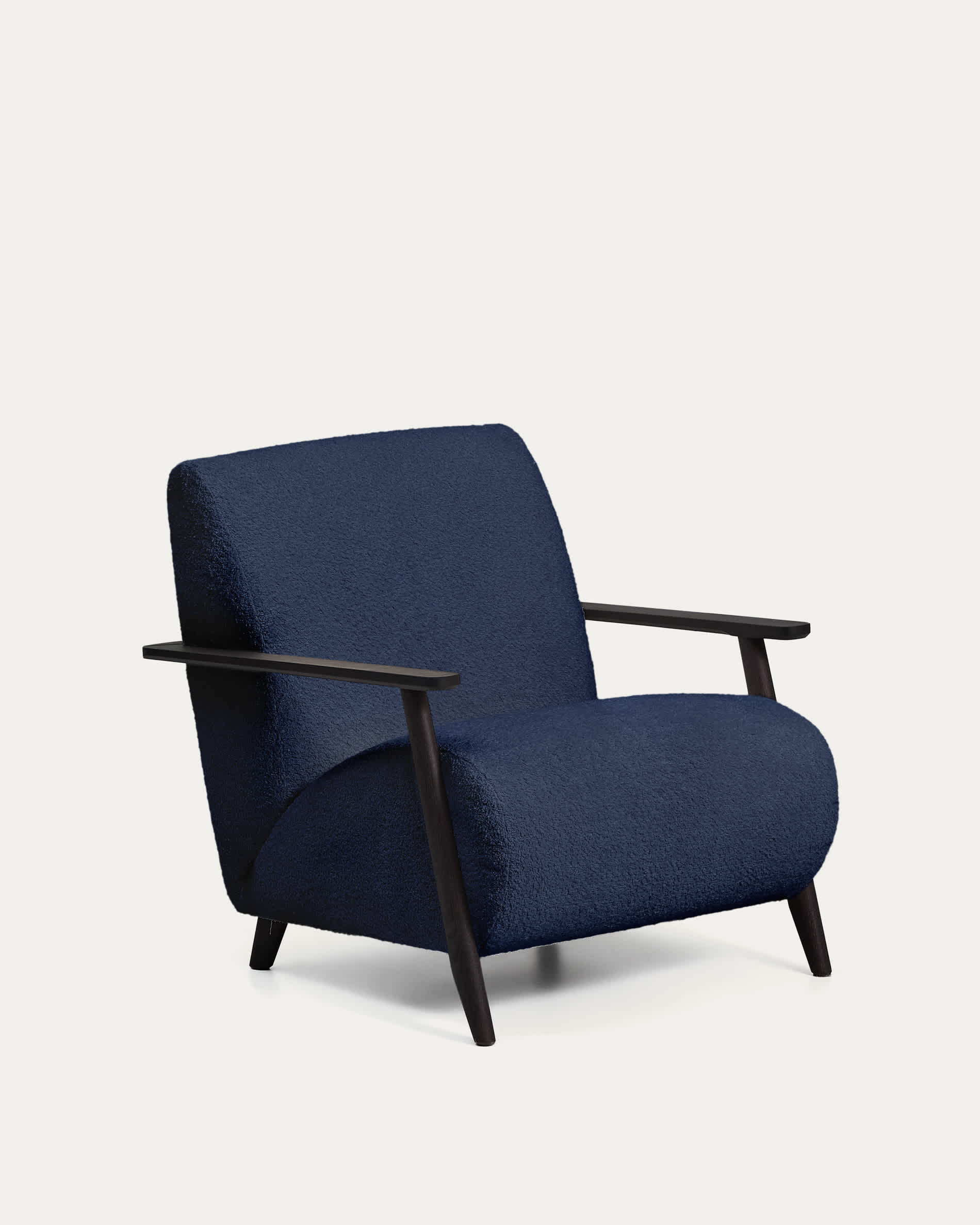 Meghan fire-retardant armchair in blue bouclé and solid ash wood with wenge-coloured finish FSC Mix Credit