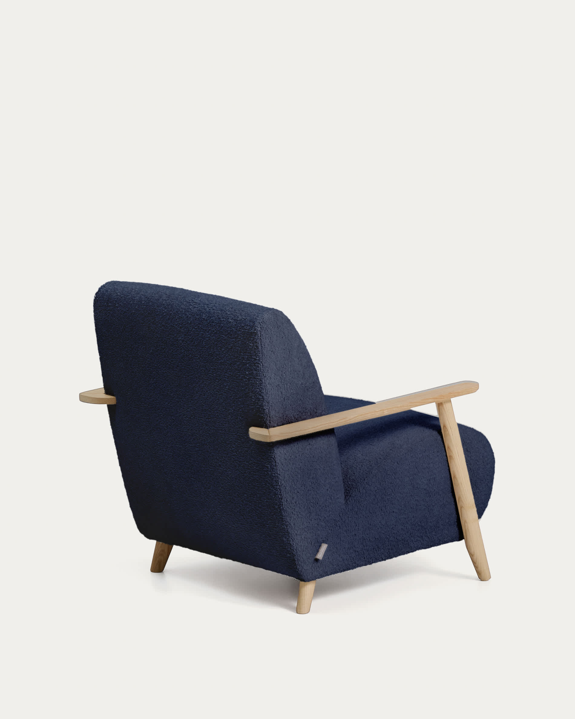 Meghan fire-retardant armchair in blue bouclé and solid ash wood with natural tone finish FSC Mix Credit