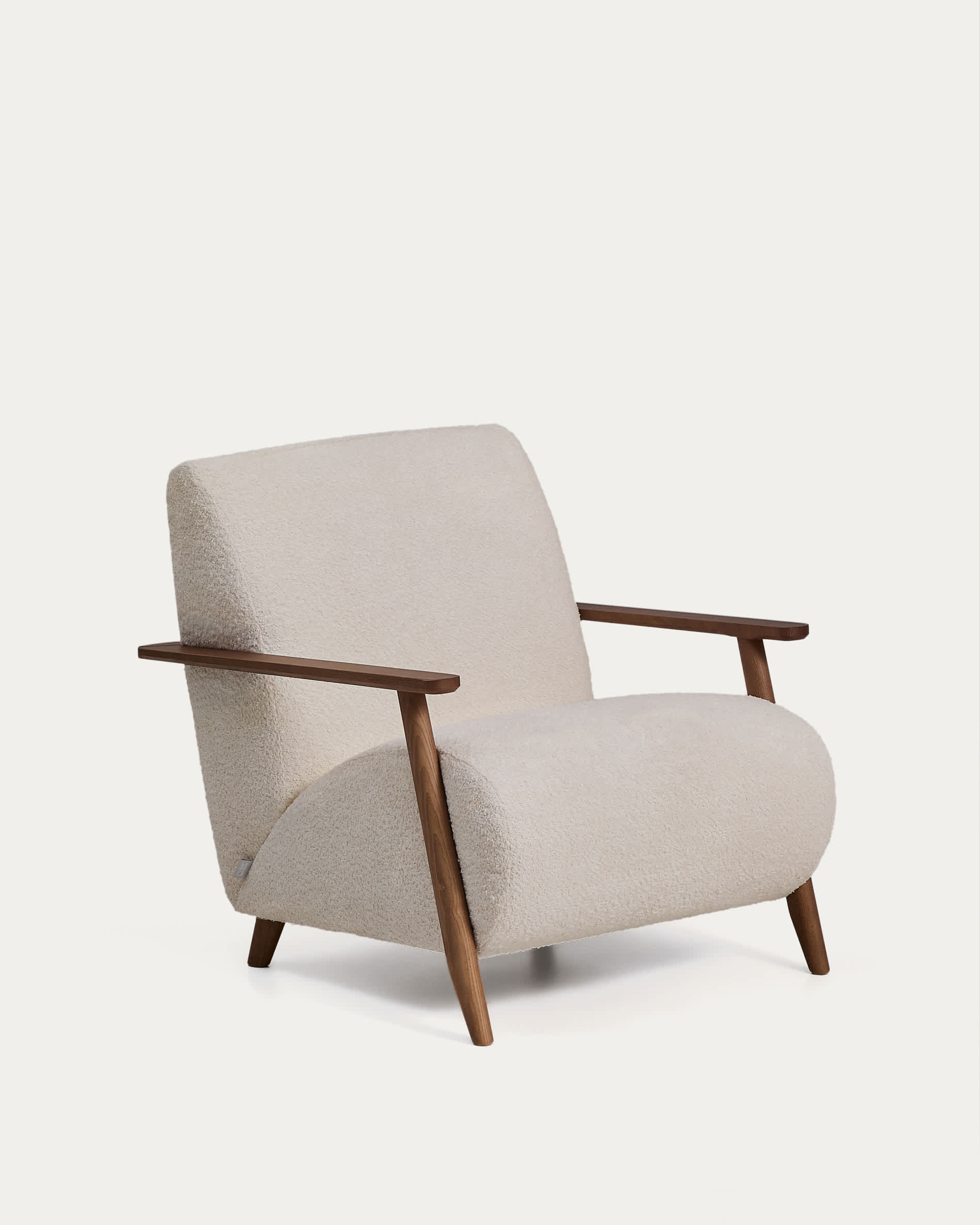 Meghan fire-retardant armchair in beige bouclé and solid ash wood with walnut-coloured finish FSC Mix Credit