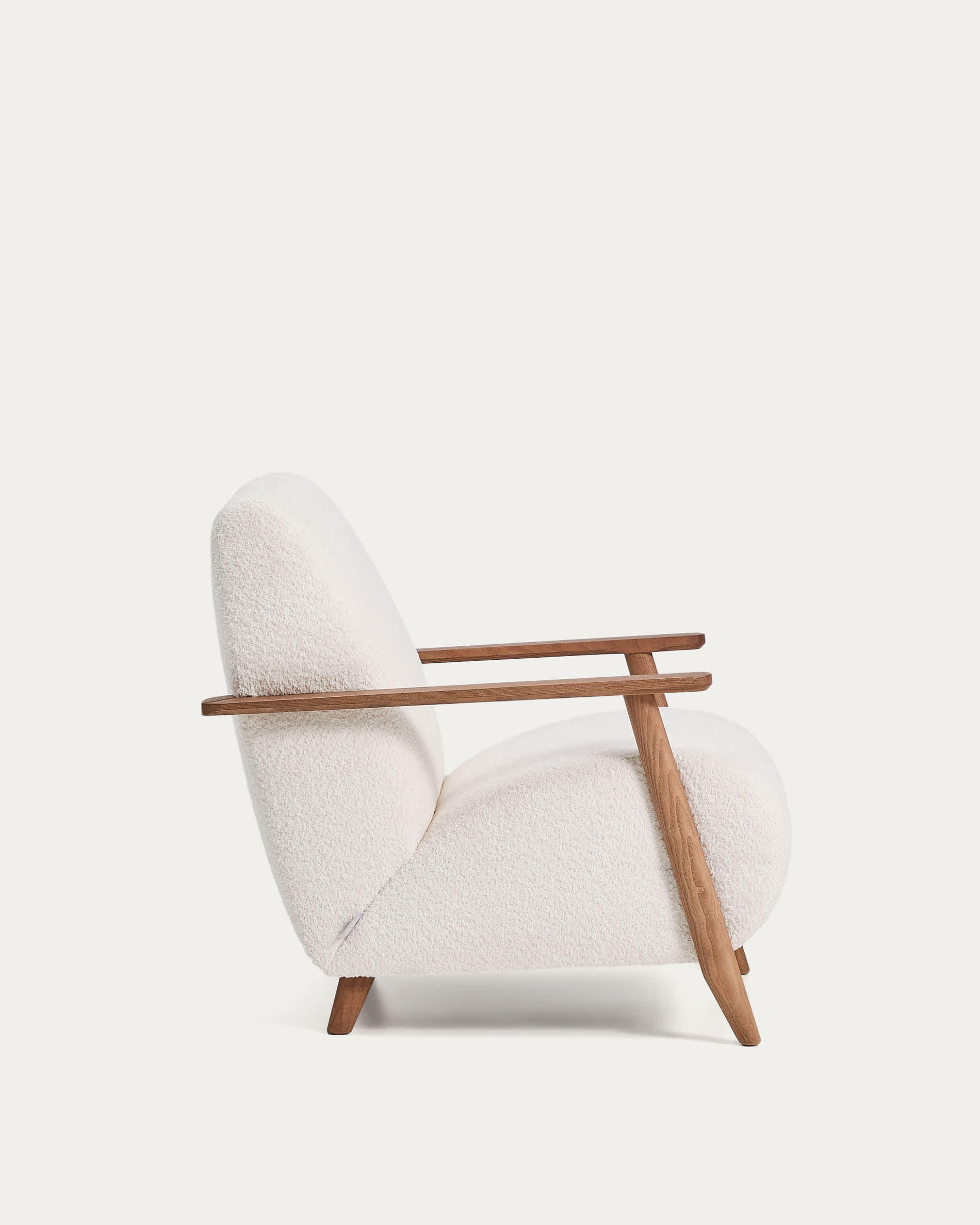 Meghan fire-retardant armchair in ecru bouclé and solid ash wood with walnut-coloured finish FSC Mix Credit