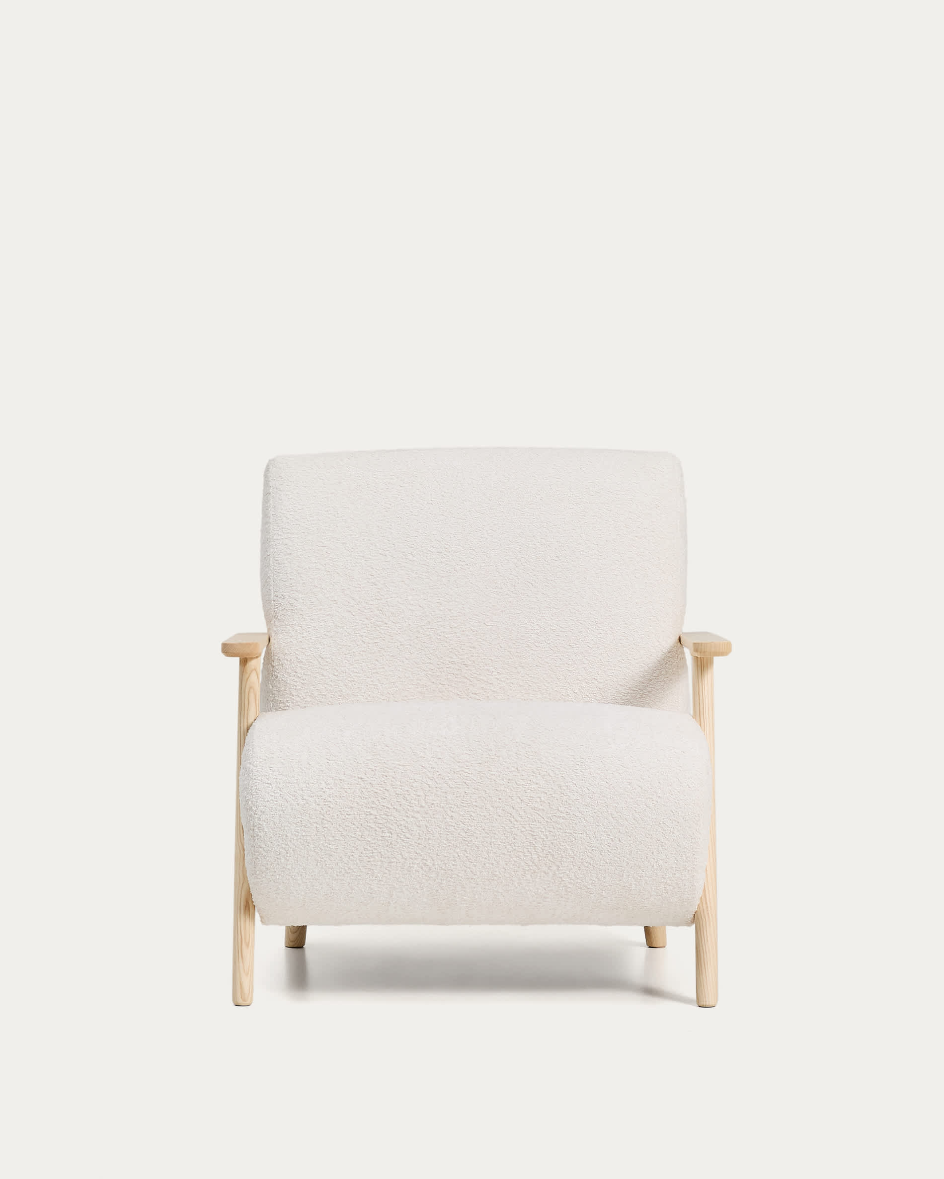 Meghan fire-retardant armchair in ecru bouclé and solid ash wood with natural tone finish FSC Mix Credit