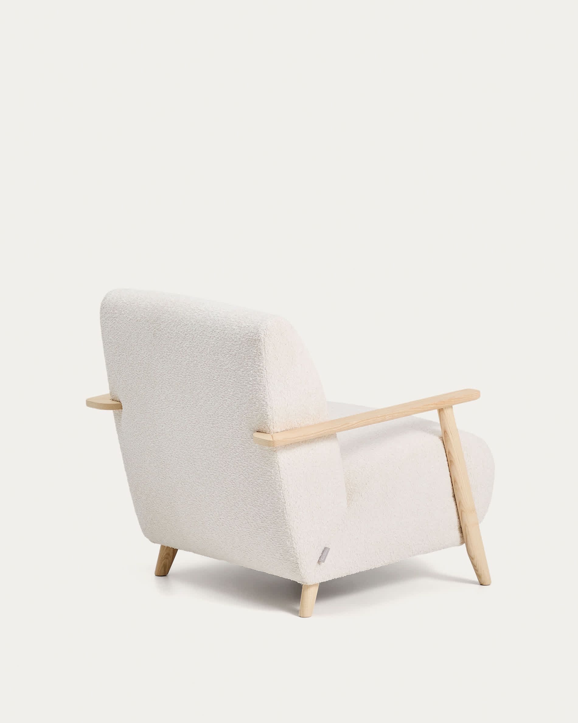 Meghan fire-retardant armchair in ecru bouclé and solid ash wood with natural tone finish FSC Mix Credit
