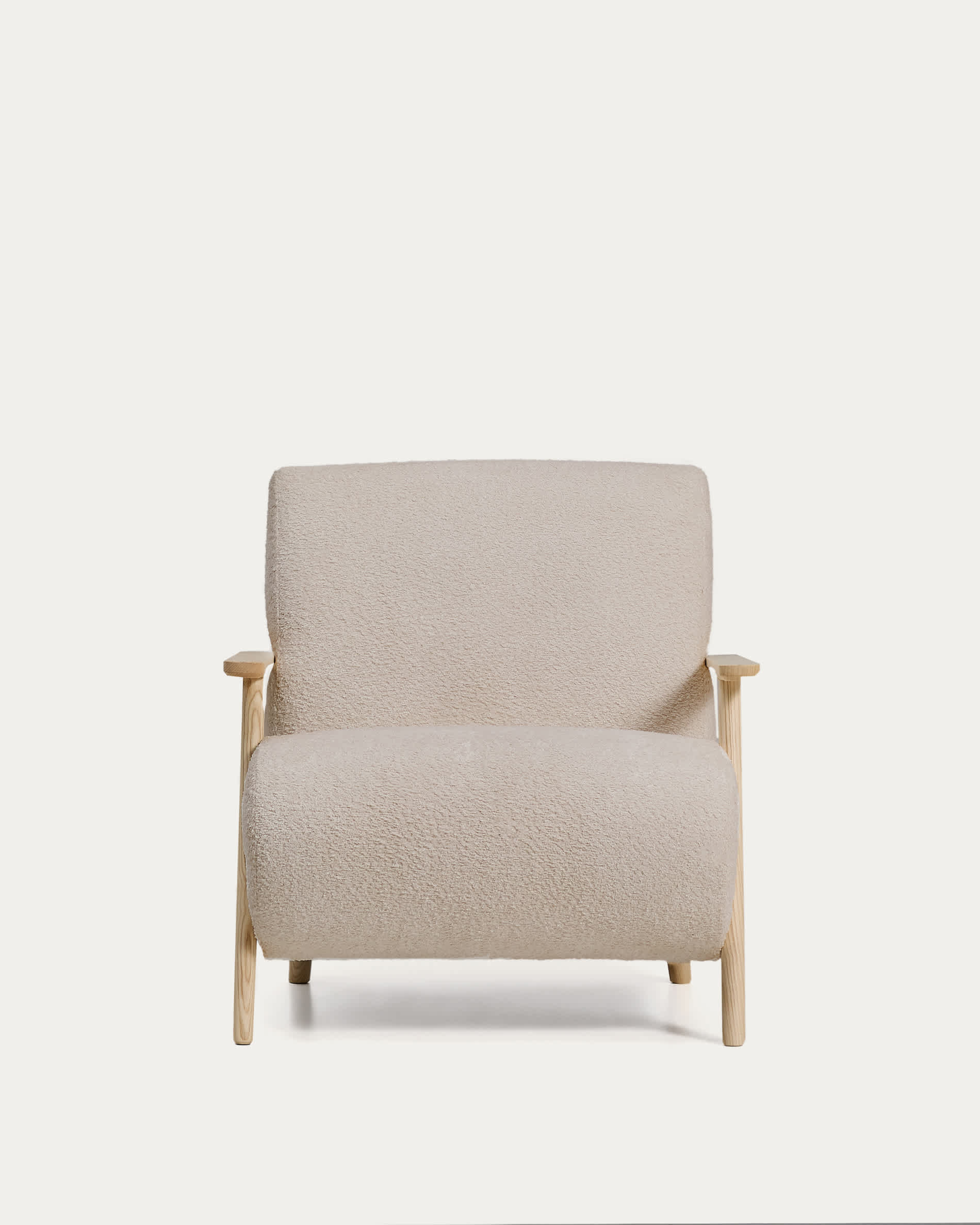 Meghan fire-retardant armchair in beige bouclé and solid ash wood with natural tone finish FSC Mix Credit
