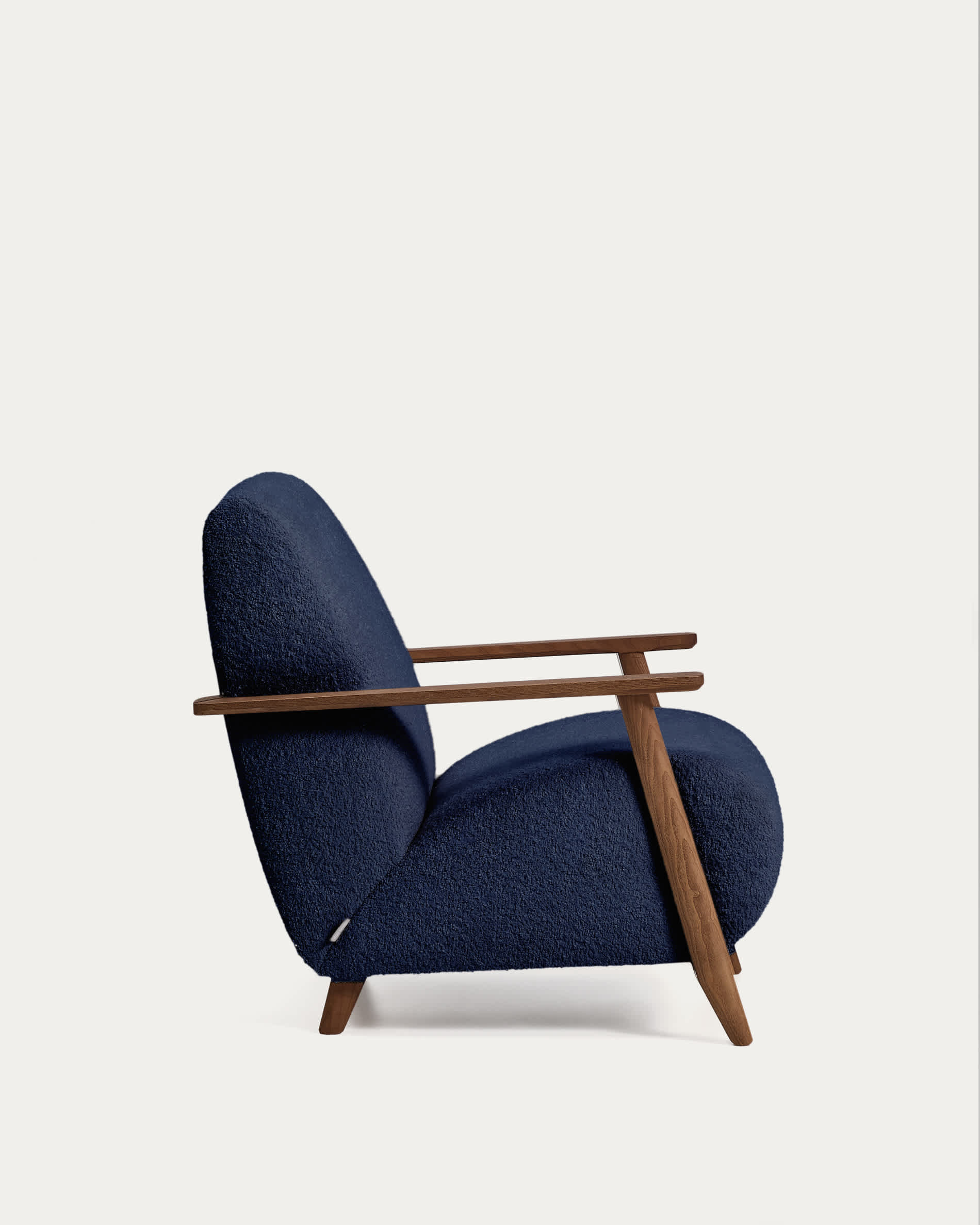 Meghan fire-retardant armchair in blue bouclé and solid ash wood with walnut-coloured finish FSC Mix Credit