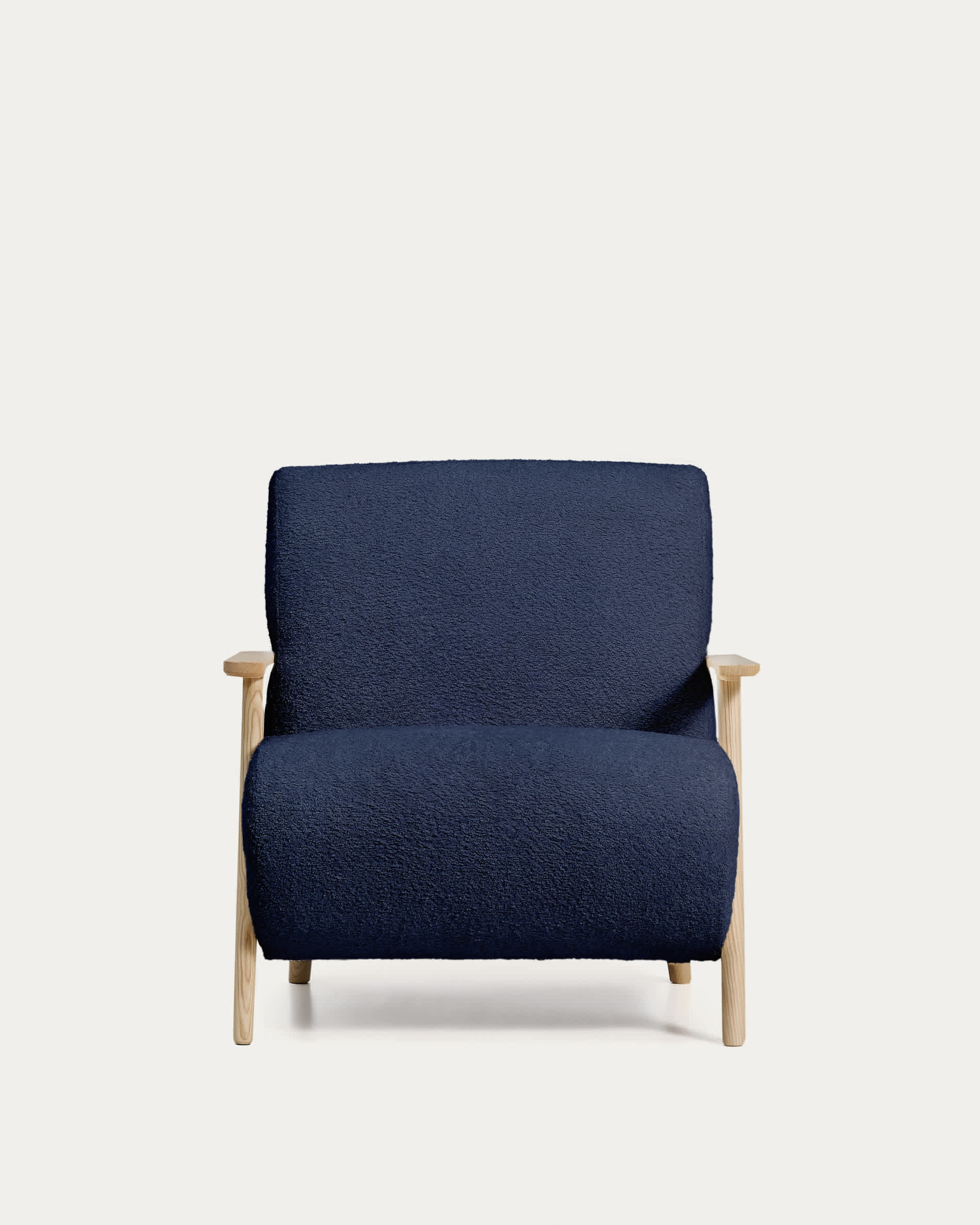 Meghan fire-retardant armchair in blue bouclé and solid ash wood with natural tone finish FSC Mix Credit
