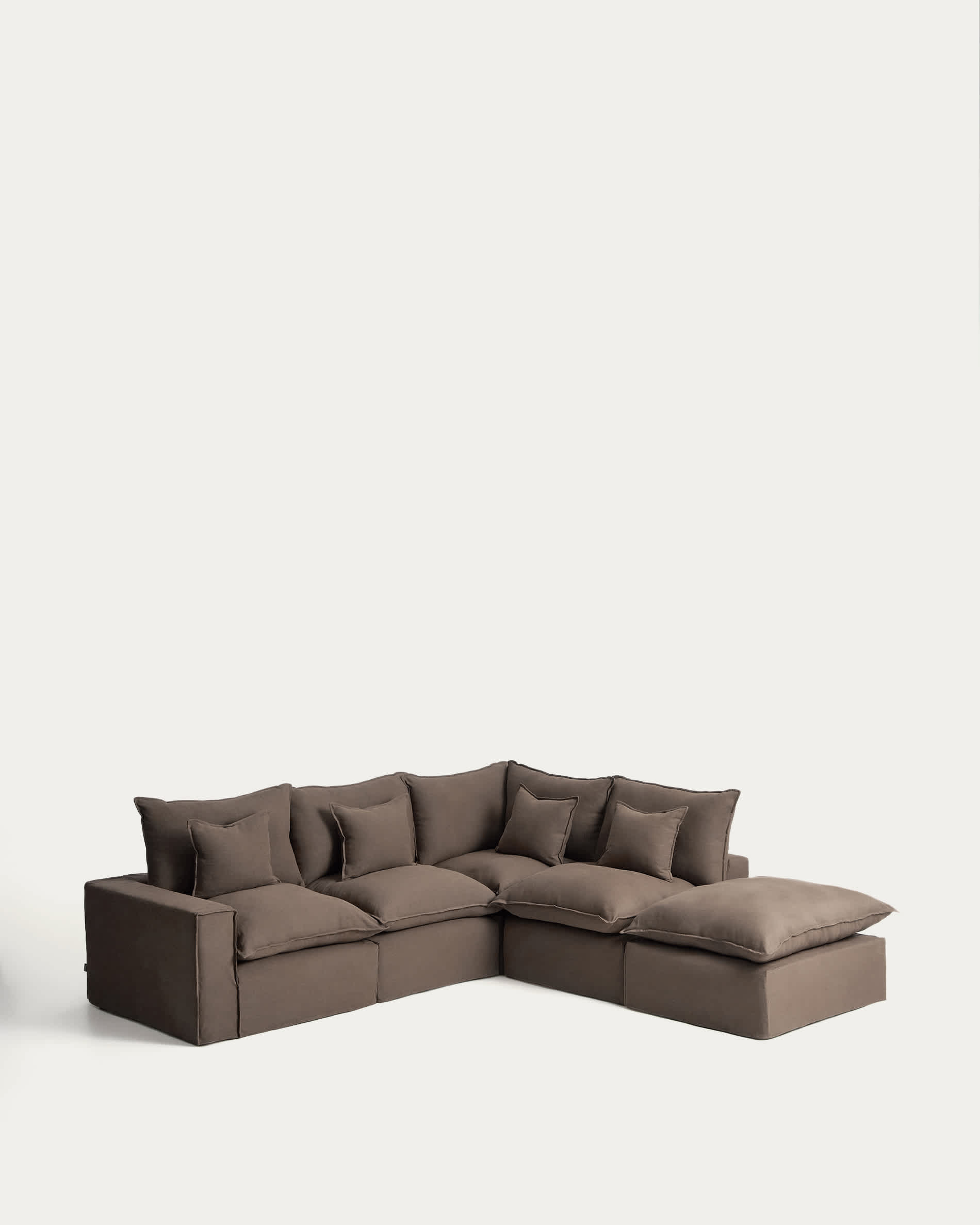 Anarela 100% taupe linen 4-seater modular corner sofa with removable cover 307 x 287cm FSC Mix Credit