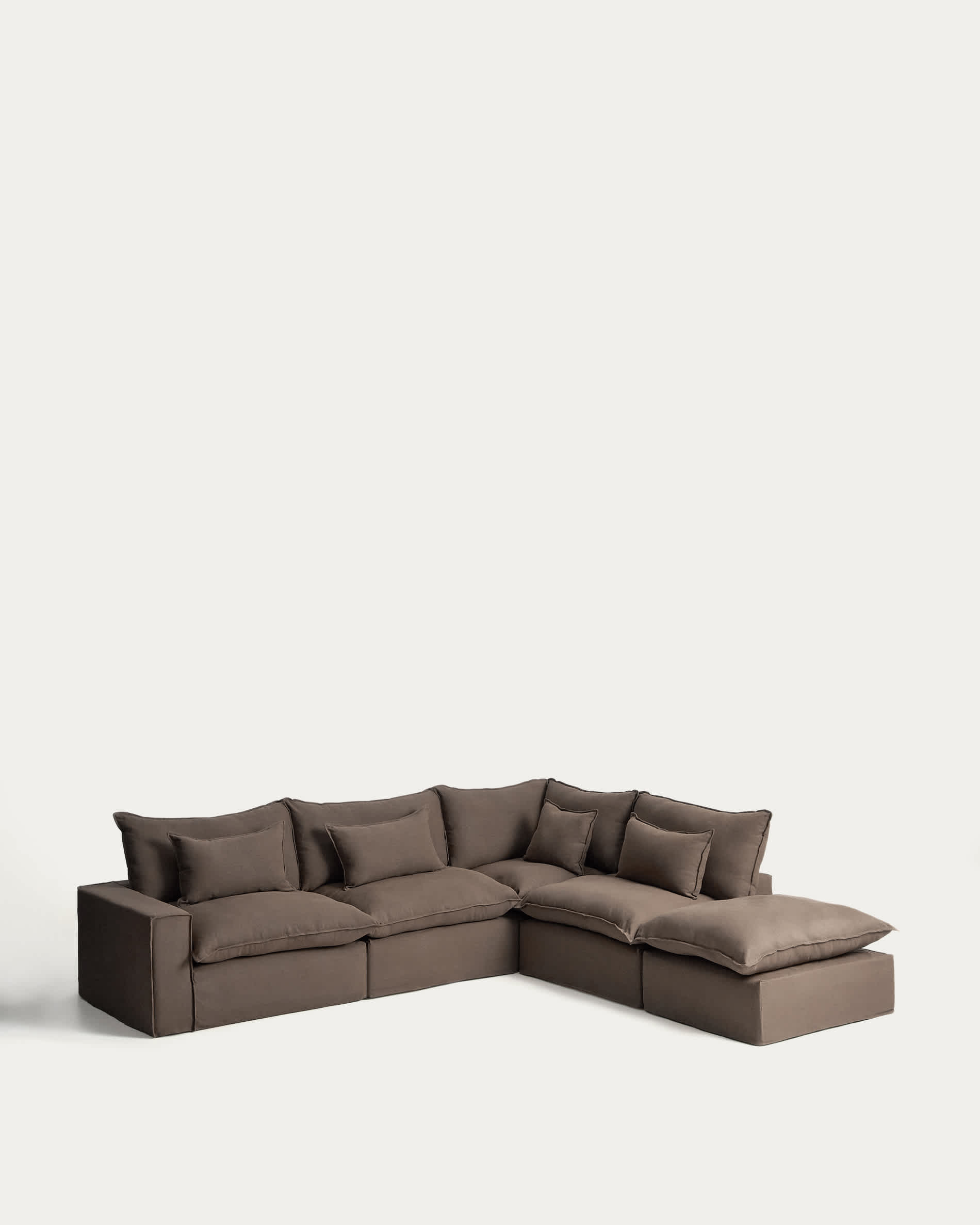 Anarela 100% taupe linen 6-seater modular corner sofa with removable cover 347 x 307cm FSC Mix Credit