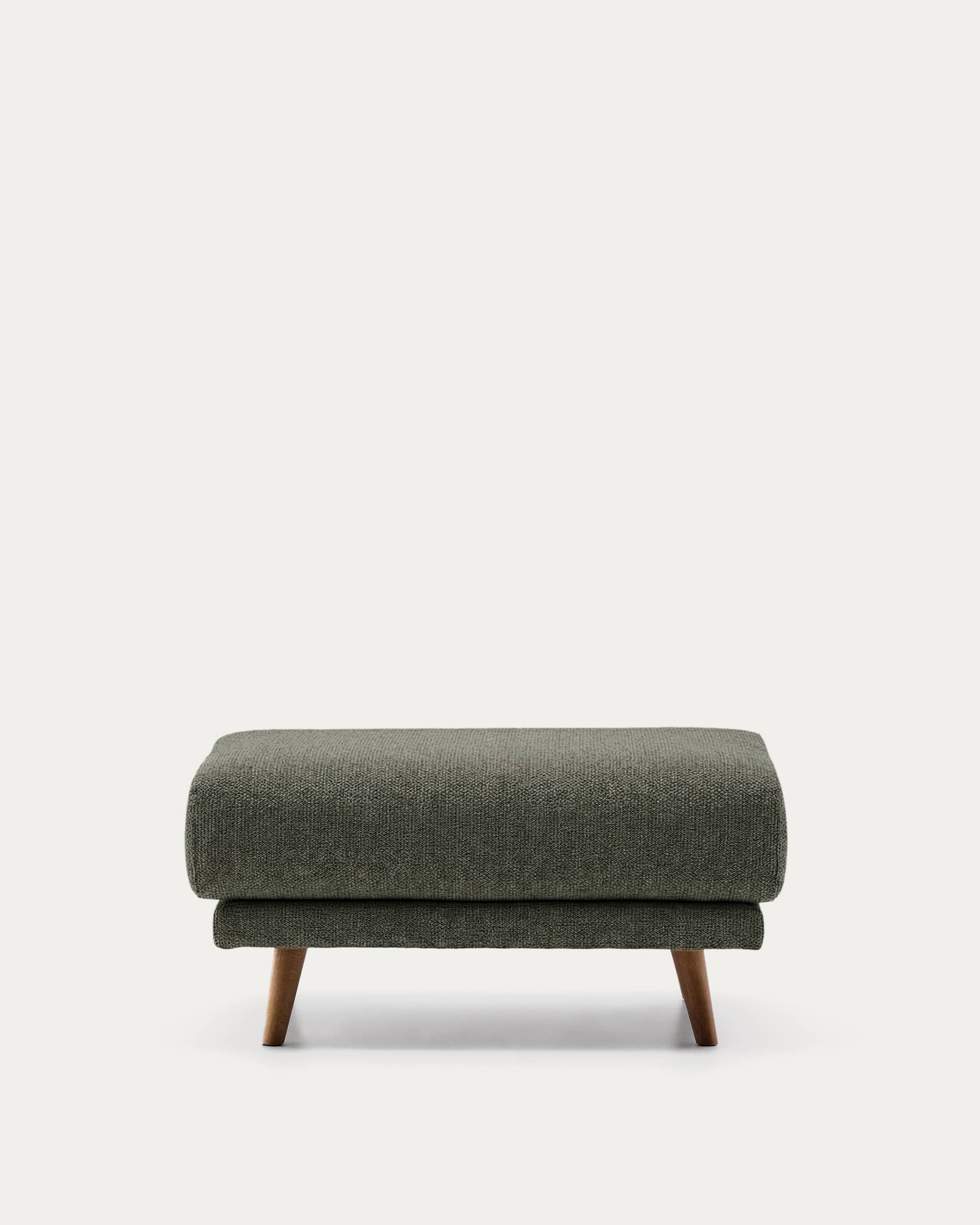 Karin footrest in beige chenille with solid beech wood legs in walnut-tone finish 90 x 70 cm