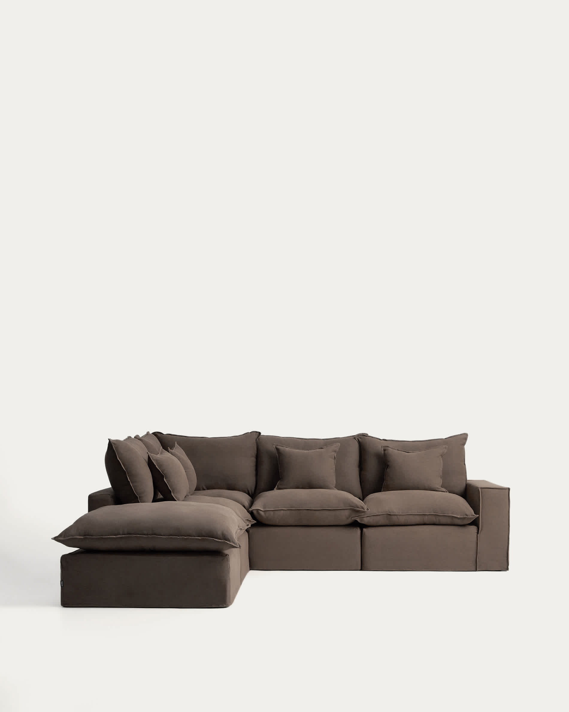 Anarela 100% taupe linen 4-seater modular corner sofa with removable cover 287 x 307cm FSC Mix Credit