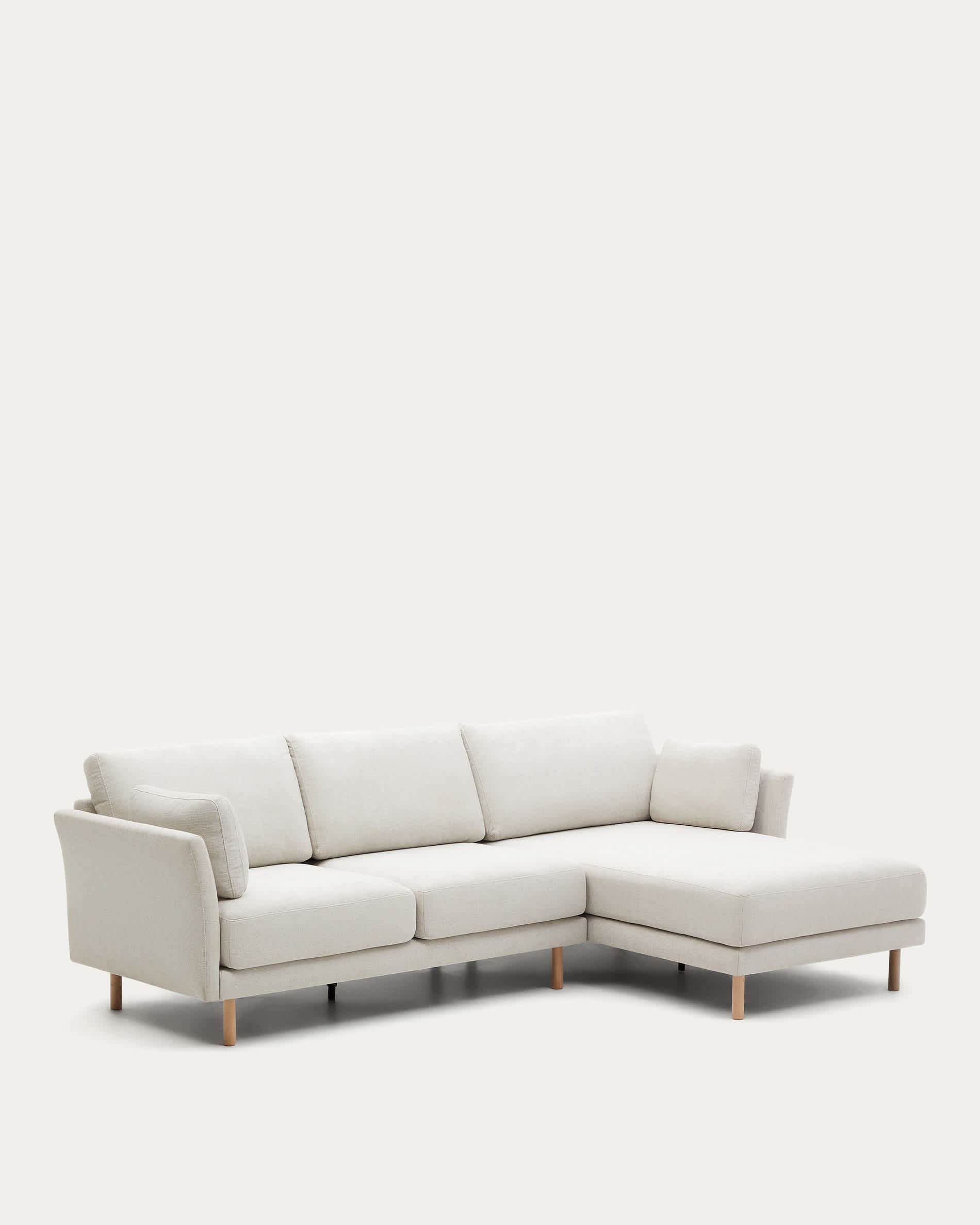 Gilma 3 seater sofa w/ right/left-hand chaise longue in chenille pearl, natural legs, 260 cm