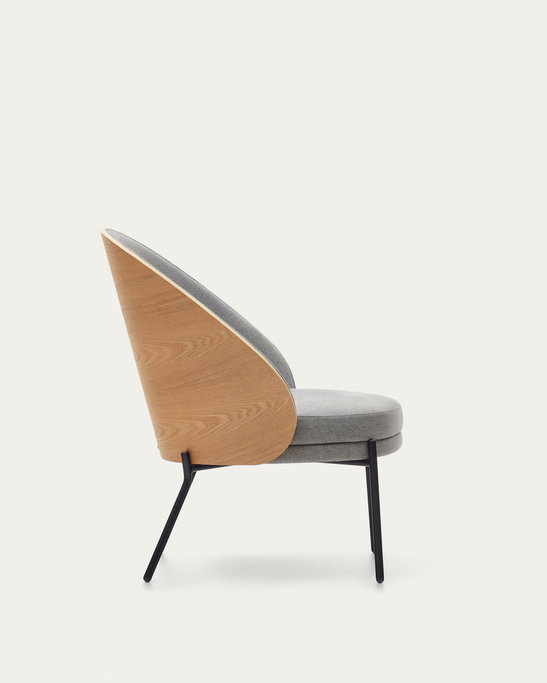 Eamy light grey armchair in an ash wood veneer with a natural finish and black metal