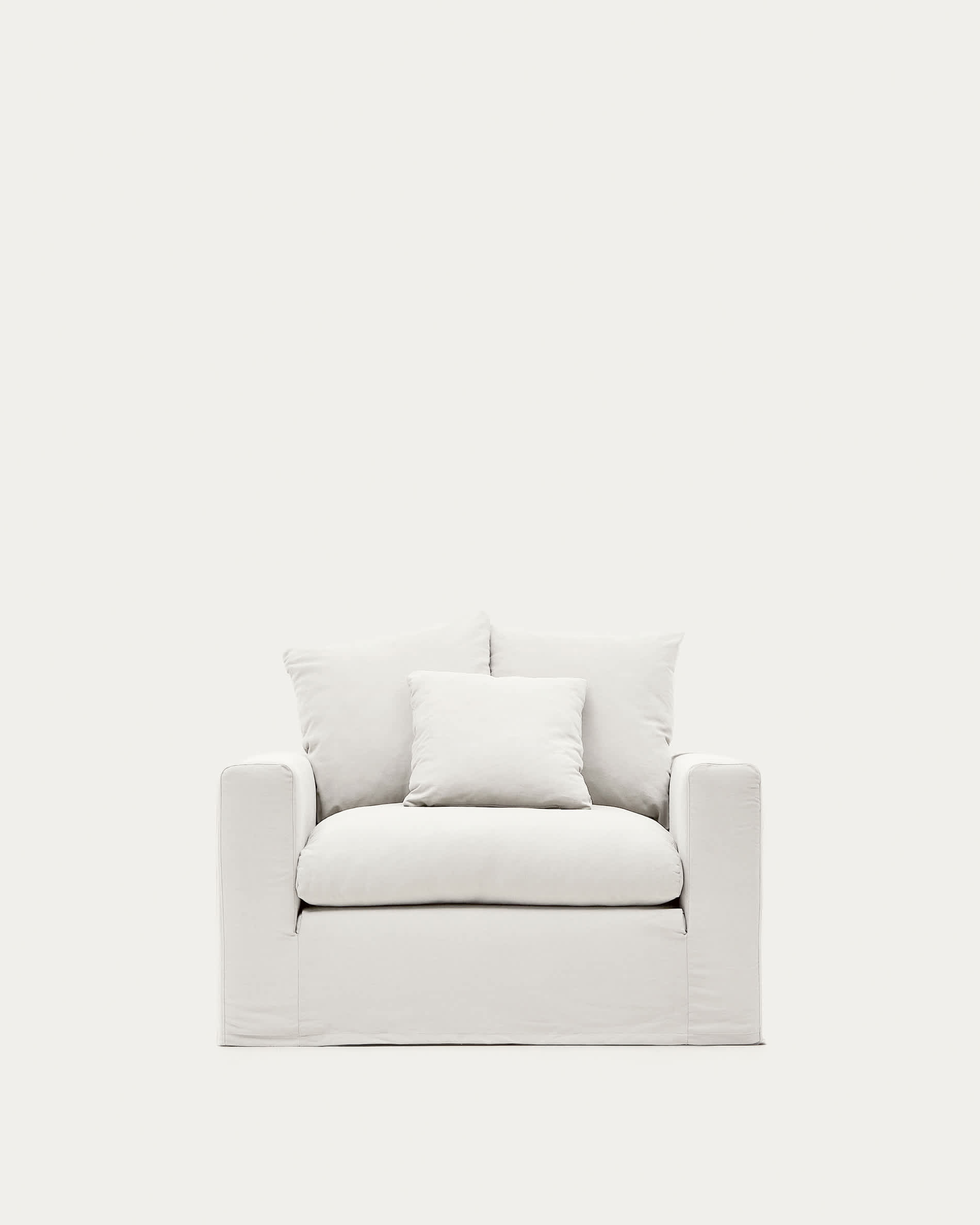 Nora armchair with removable cover with linen and cotton cushion in ecru 140cm