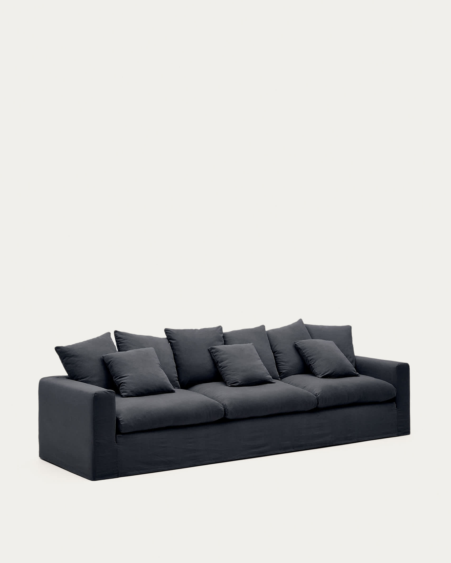 Nora 4-seater sofa with removable cover with linen and cotton cushions in anthracite grey 340cm