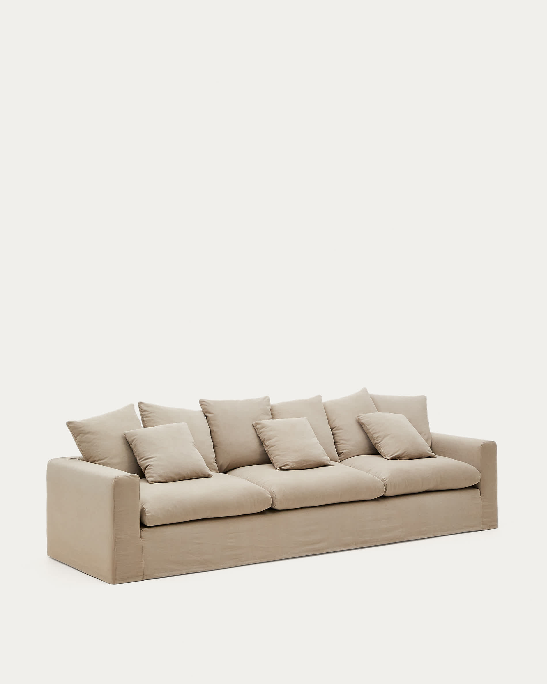 Nora 4-seater sofa with removable cover with linen and cotton cushions in taupe 340cm