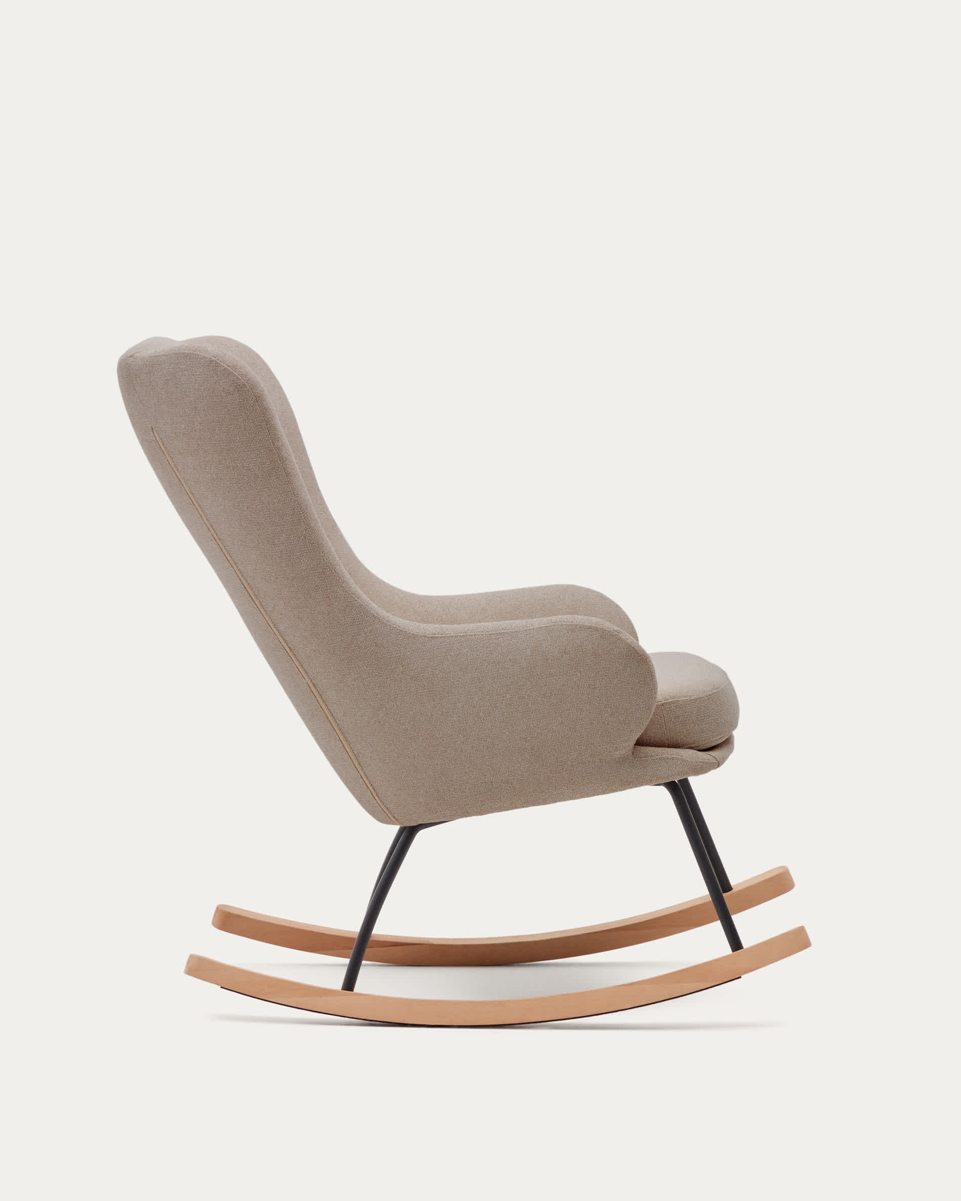 Maustin rocking chair in beige chenille with a black steel structure and beech wood