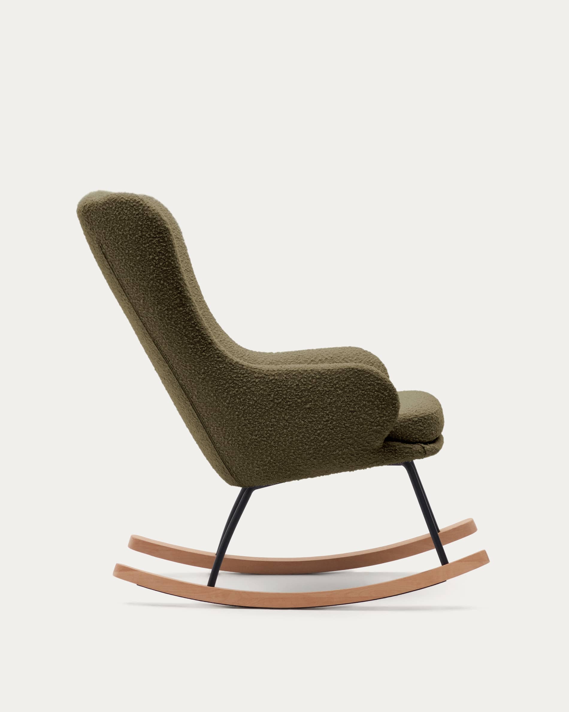 Maustin rocking chair in green bouclé with a dark green steel structure and beech wood