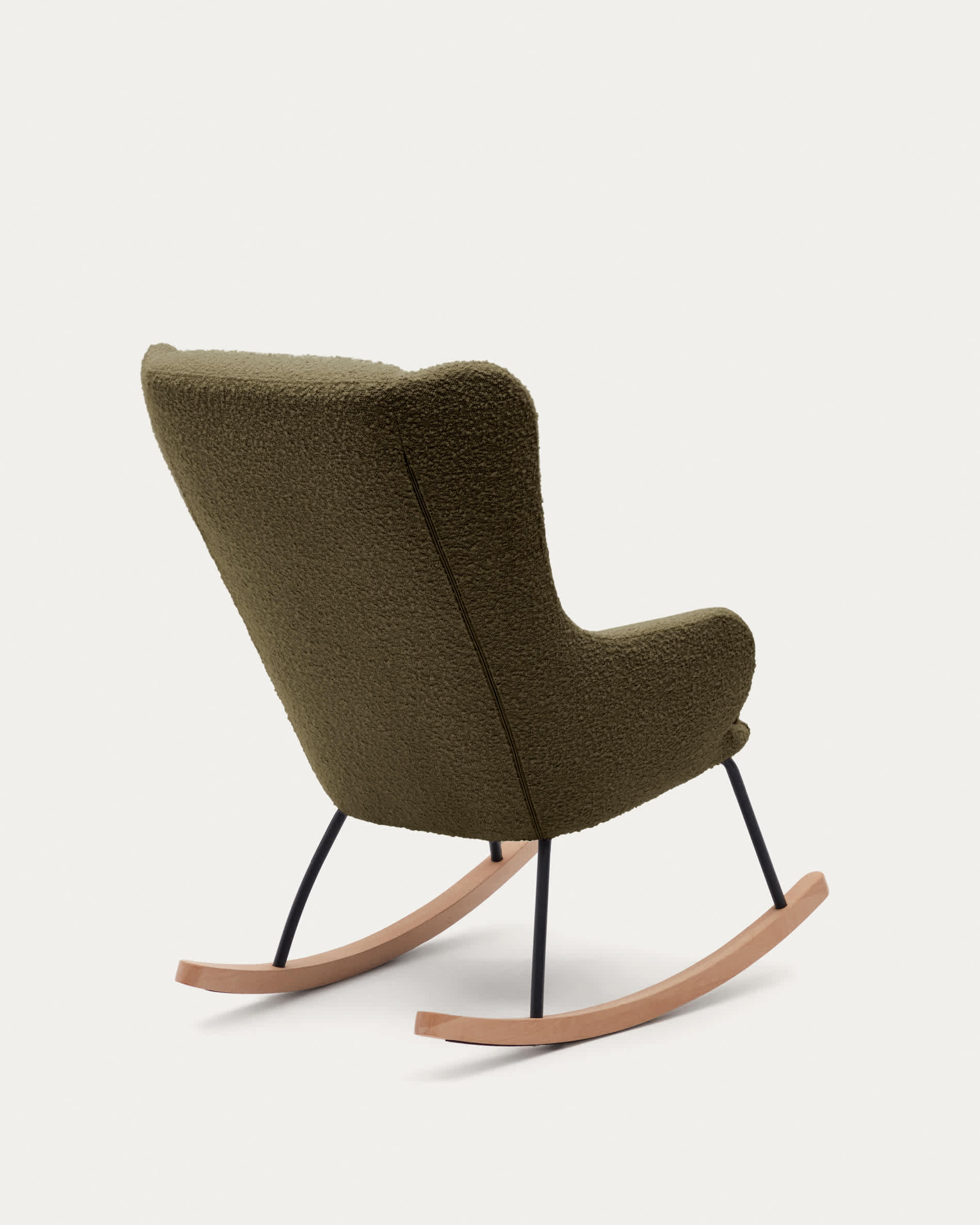 Maustin rocking chair in green bouclé with a dark green steel structure and beech wood