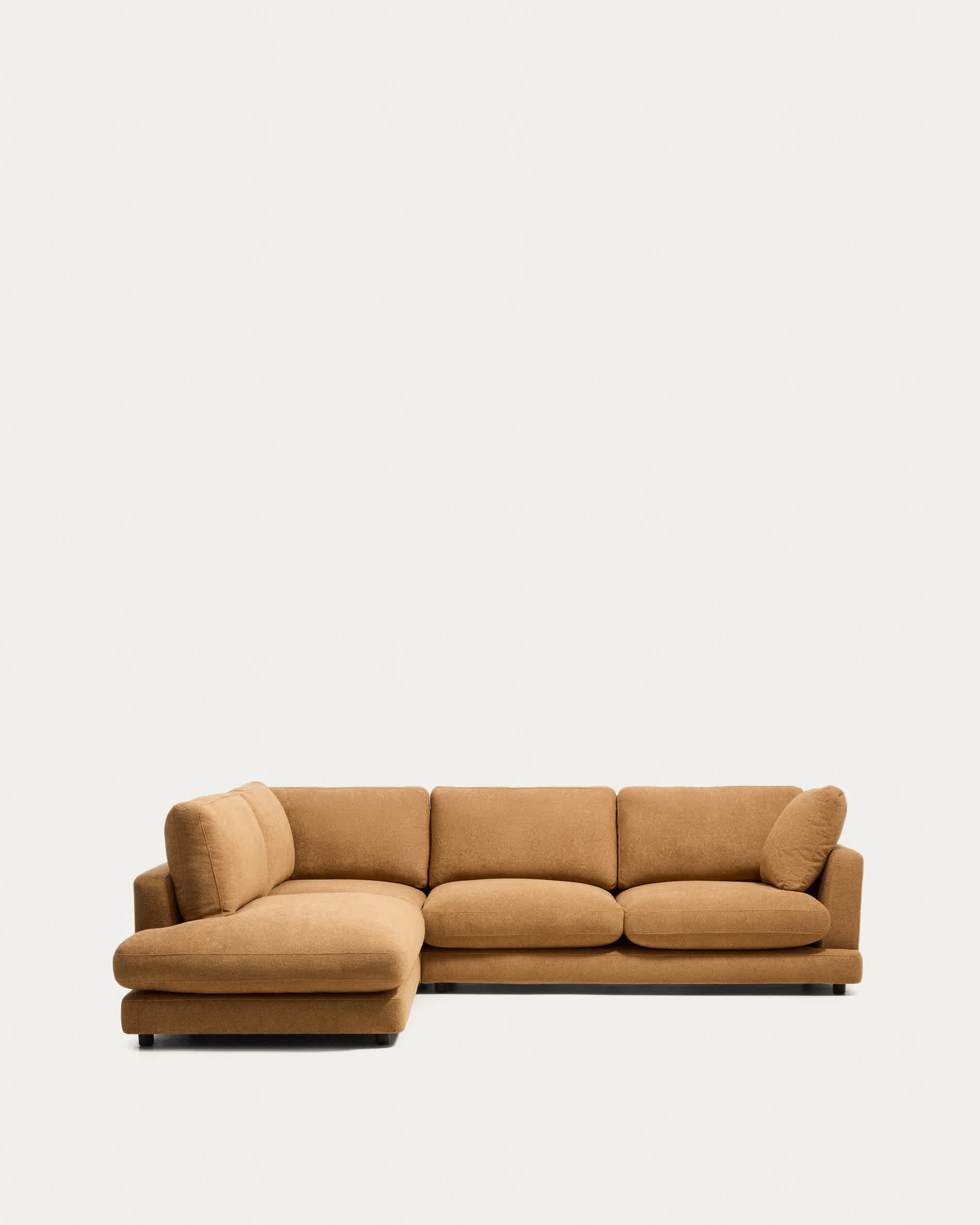 Gala 5-seater corner sofa with end module left side in mustard micro bouclé FSC Mix Credit 225 x 300cm
