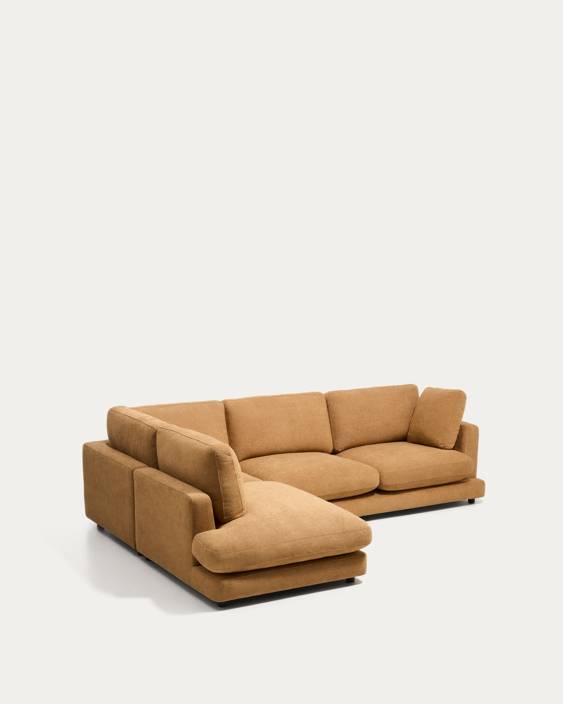 Gala 5-seater corner sofa with end module left side in mustard micro bouclé FSC Mix Credit 225 x 300cm