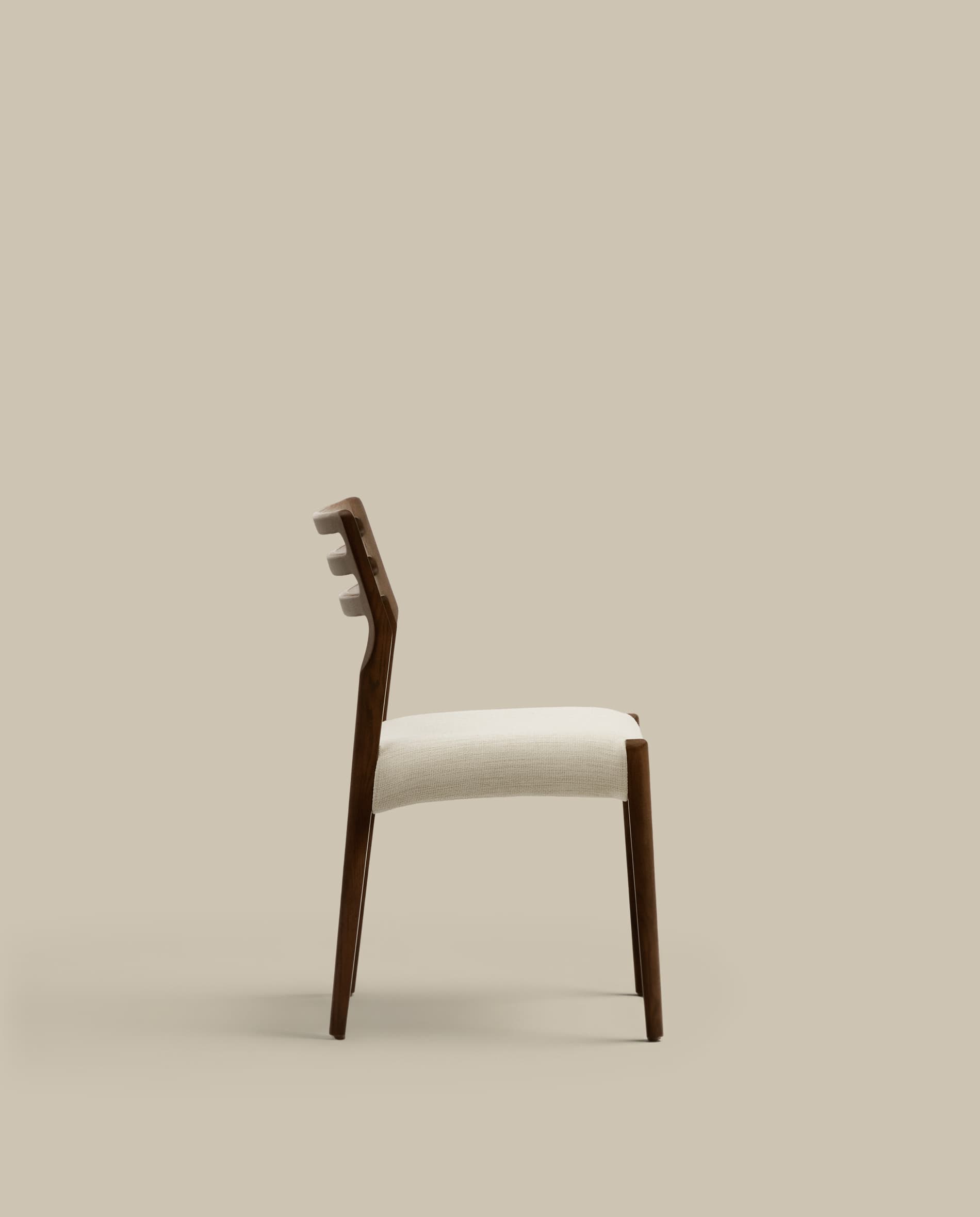 Cudia chair removable cover in beige chenille solid oak wood walnut finish FSC Mix Credit