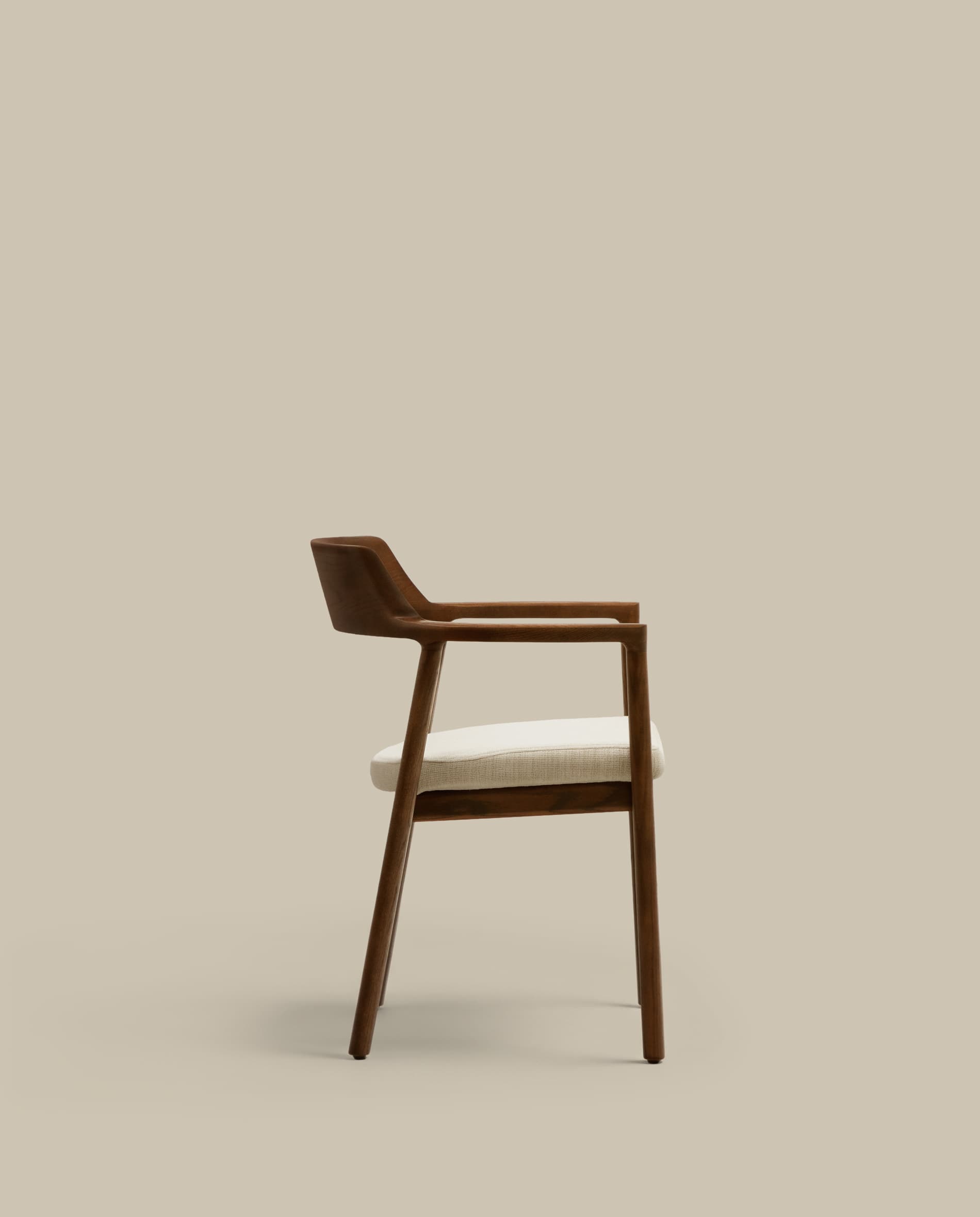 Alocs chair removable cover in beige chenille solid oak wood walnut finish FSC Mix Credit