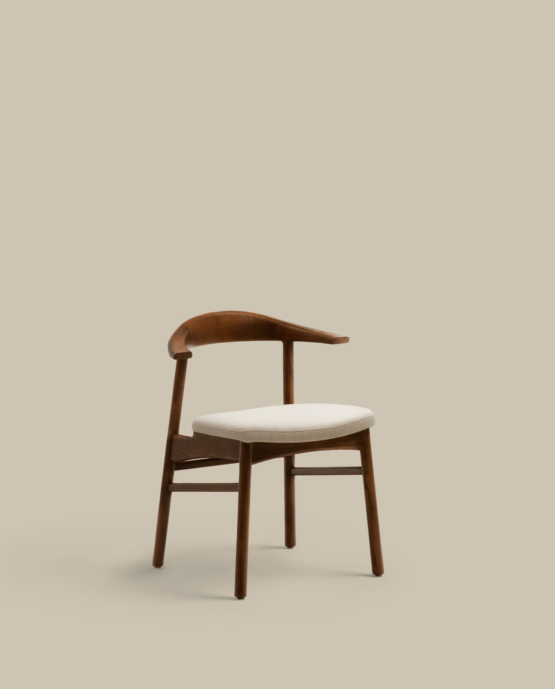 Timons chair removable cover in beige chenille solid oak wood walnut finish FSC Mix Credit